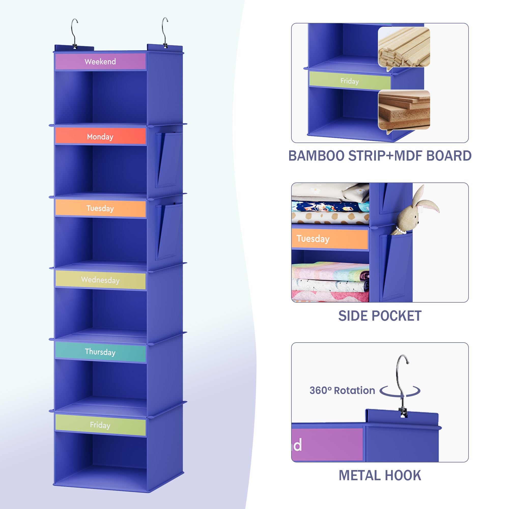 Youdenova 6-Shelf Weekly Hanging Closet Organizer, Weekly Clothes Organizers For Kids With 2 Side Pockets, Blue
