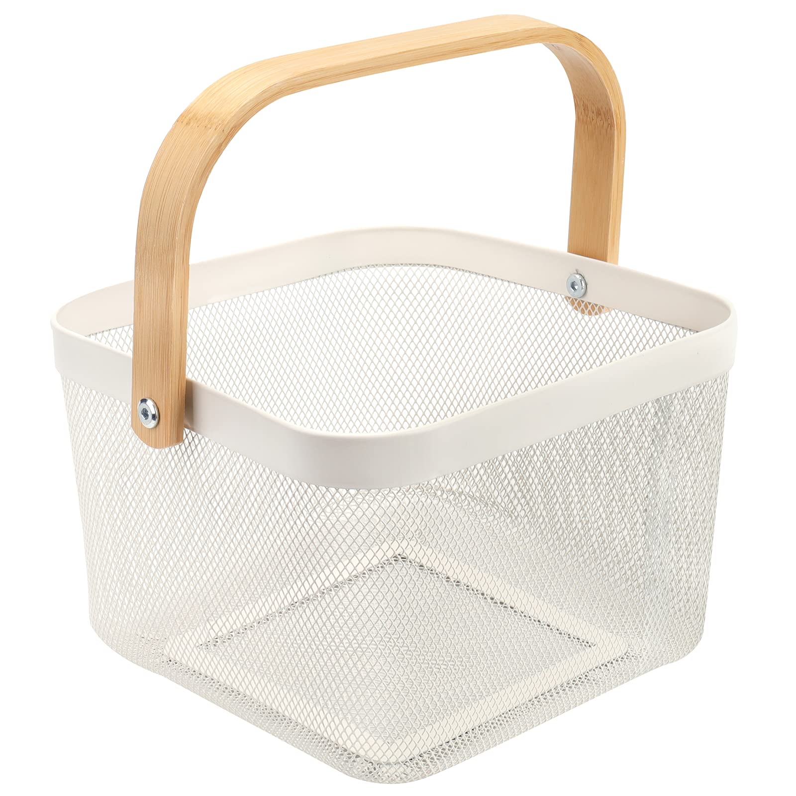 Yopay Mesh Steel Fruit Basket Bin With Wood Handle, White Hanging Storage Organizer, Farmhouse Harvest Gardening Basket For Cabi