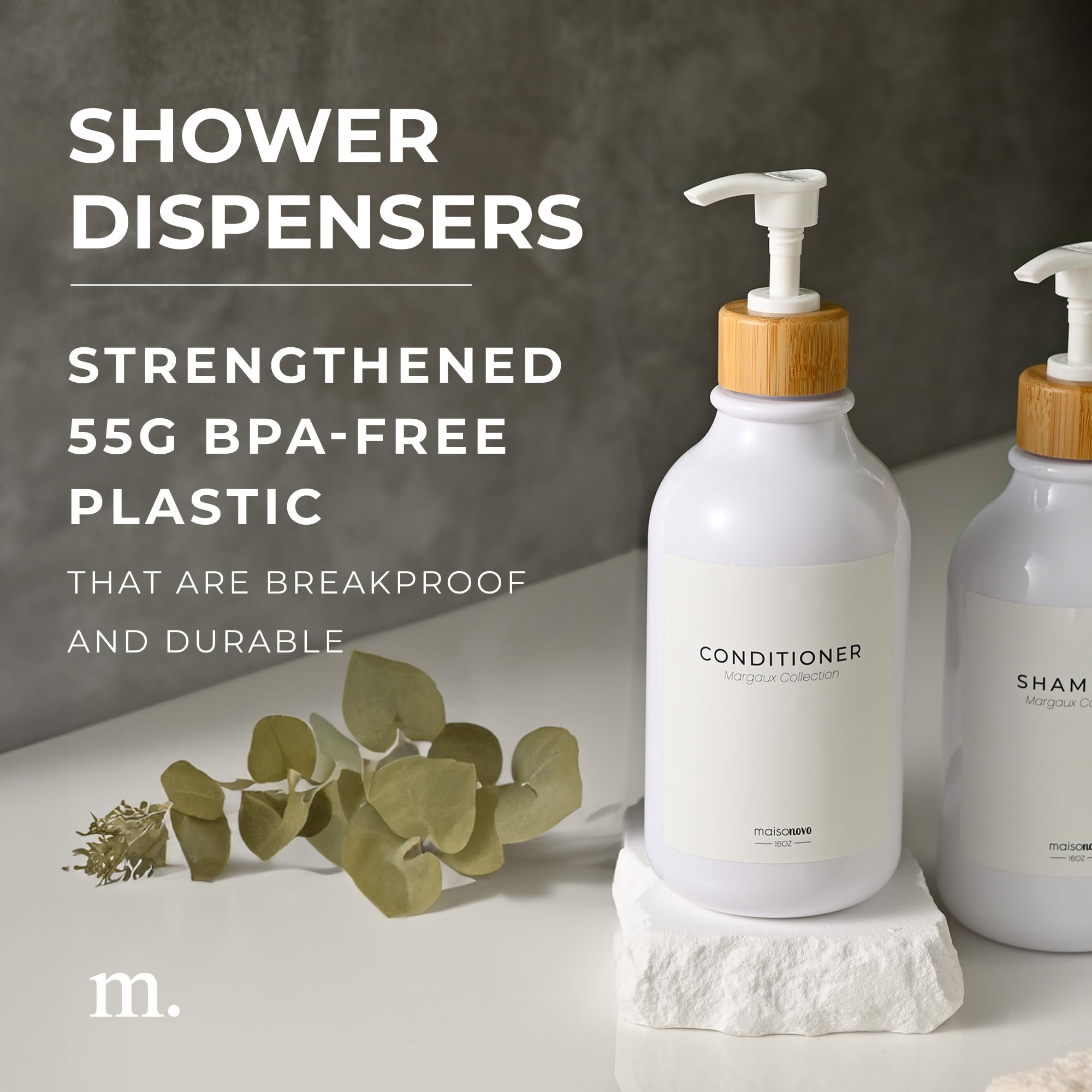 Maisonovo Refillable Shampoo And Conditioner Bottles | 16.9 Fl Oz Set Of 3 White Plastic Bottles White Bamboo Pumps