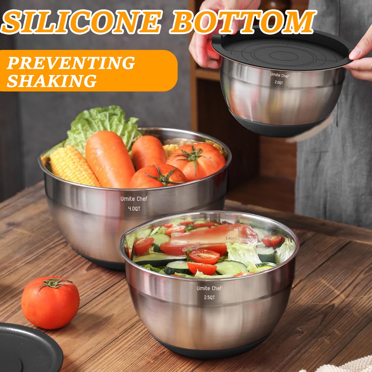 Umite Chef 26-Pcs Stainless Steel Mixing Bowls Set with Airtight Lids, Grater Attachments, Non-Slip Bottoms, Black, Model Umiten8891us