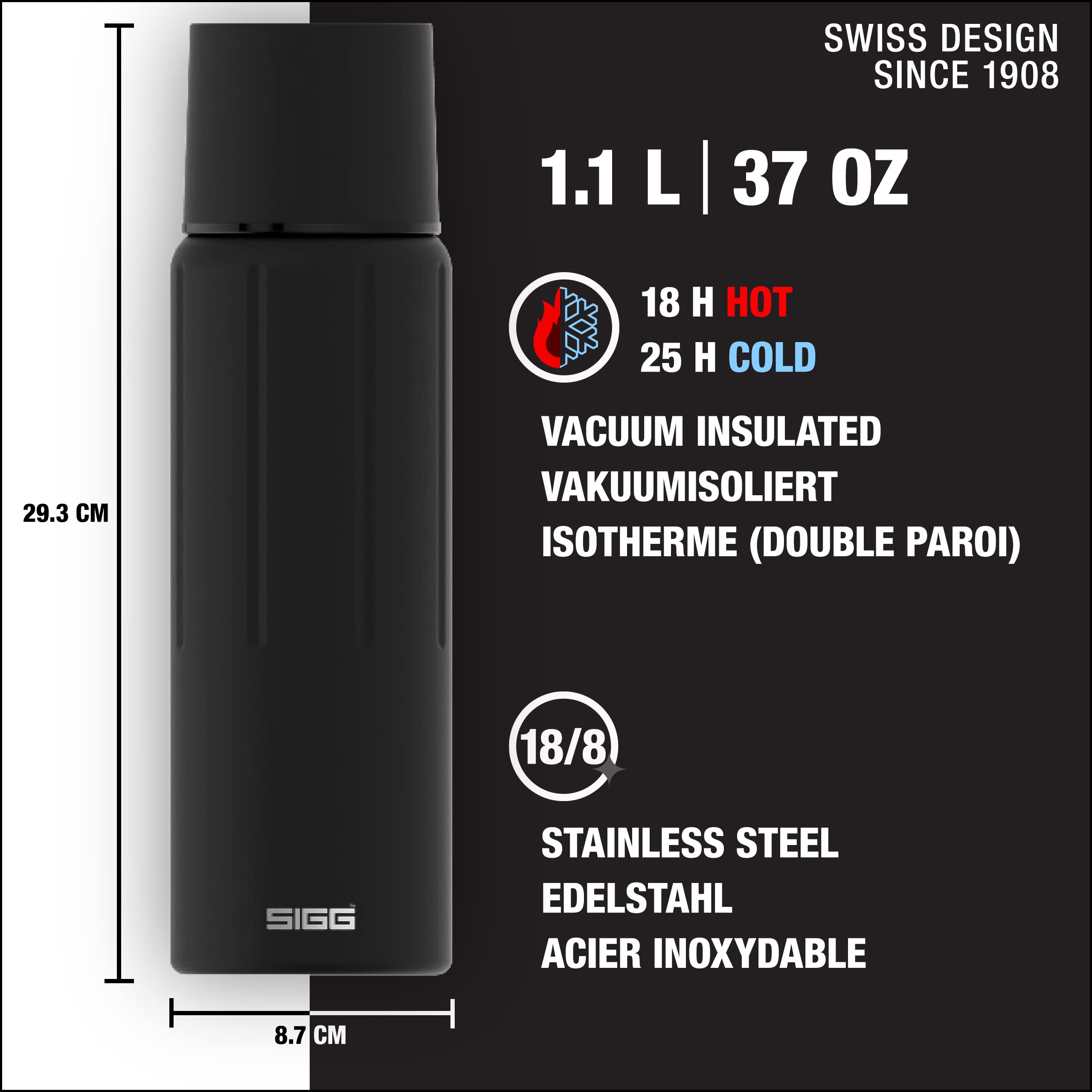 Sigg - Obsidian Insulated Water Bottle - Thermo Flask With Cup - Leakproof - Lightweight - Bpa Free - 18/8 Stainless Steel - 37