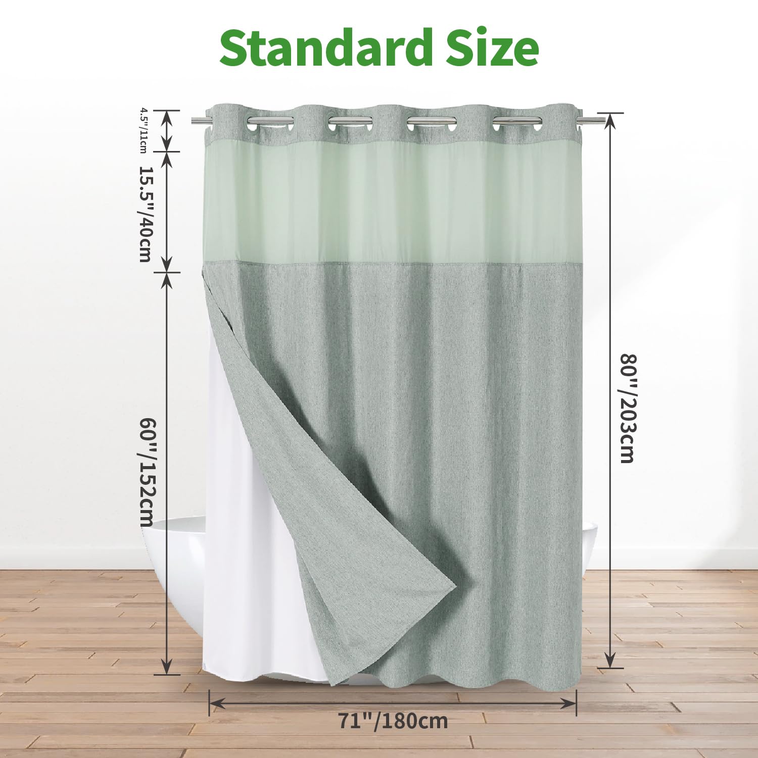 Eachope Long No Hooks Needed Linen Textured Shower Curtain With Snap-In Fabric Liner Set,Sage Green Hotel Luxury Decor Shower Cu