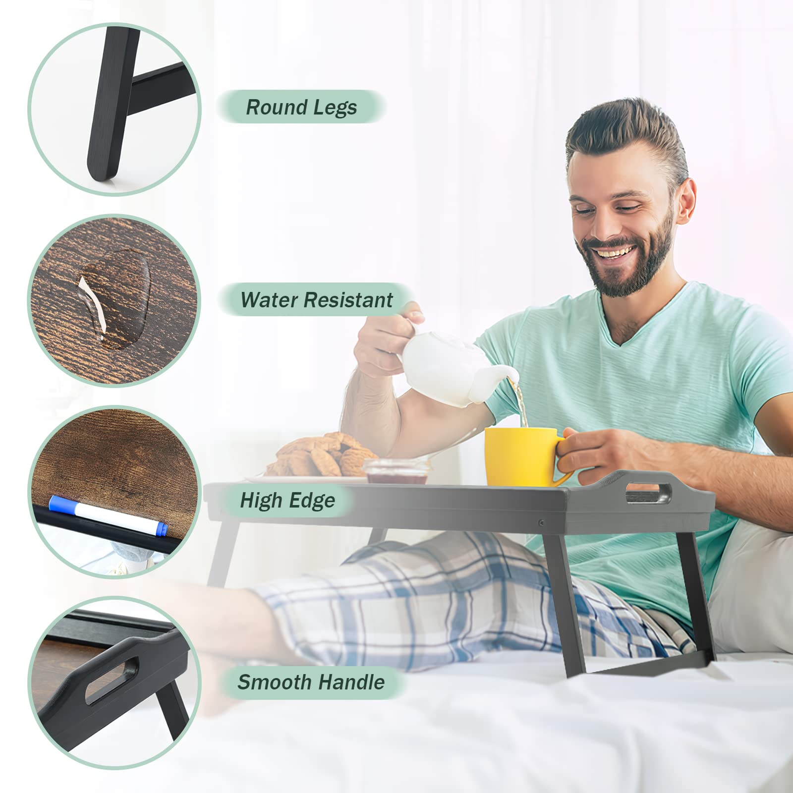 2 Pack Bed Tray Table Breakfast Trays Serving Tray Bamboo Bed Laptap Floding Legs With Handles And Phone Holders