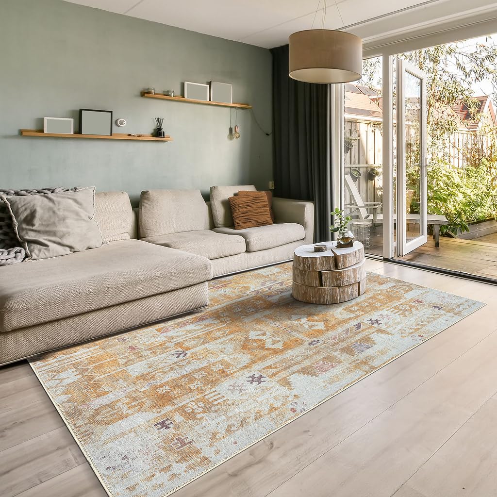 GLN Rugs Stain Resistant Machine Washable Area Rug - Vintage Boho Distressed Aesthetic - Non-Slip Backing - Indoor Floor Home De