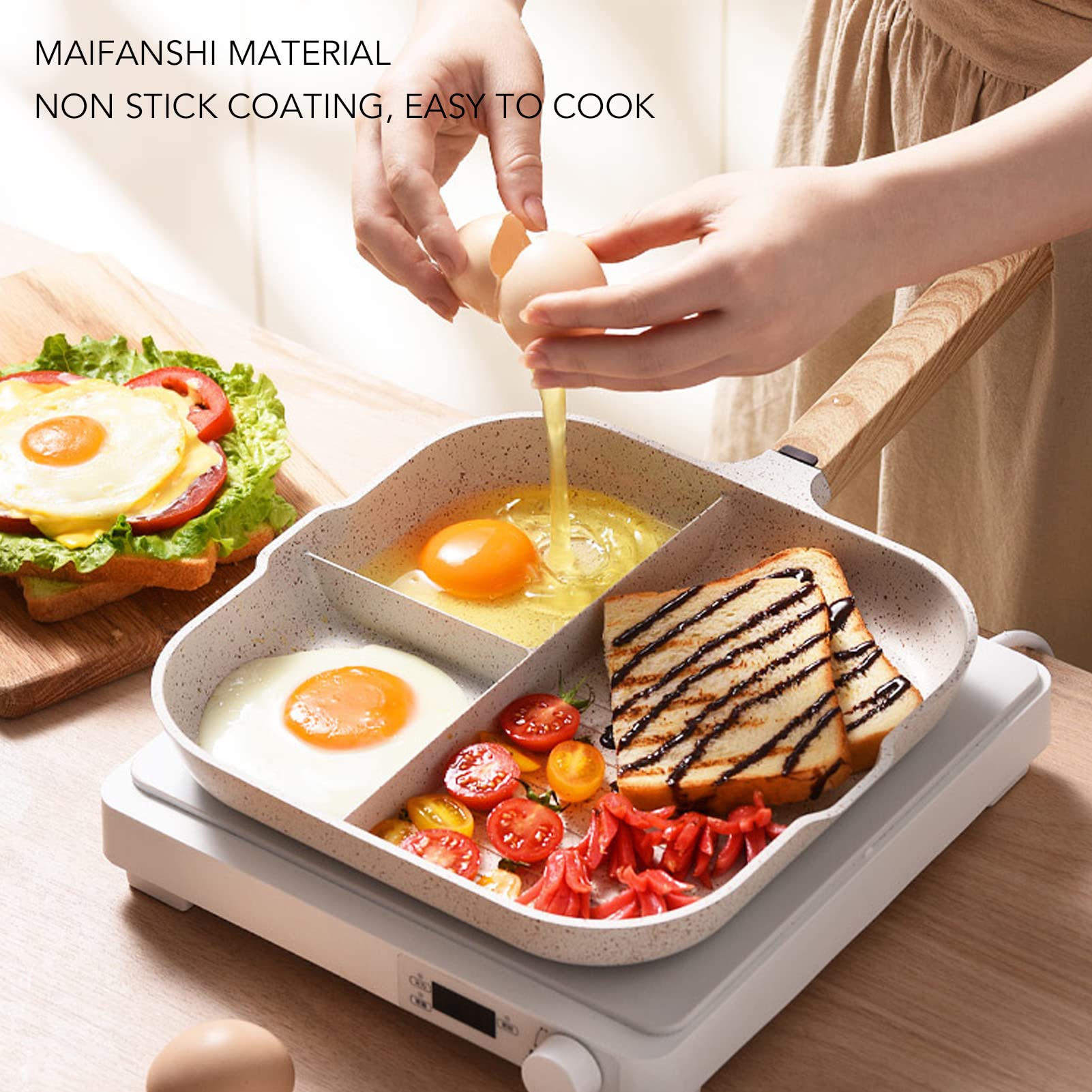Zerodis 3 In 1 Frying Pan, Aluminum Alloy Partitioned Non Stick 3 Section Divided Breakfast Pan Grill Pan Partitioned Multifunct