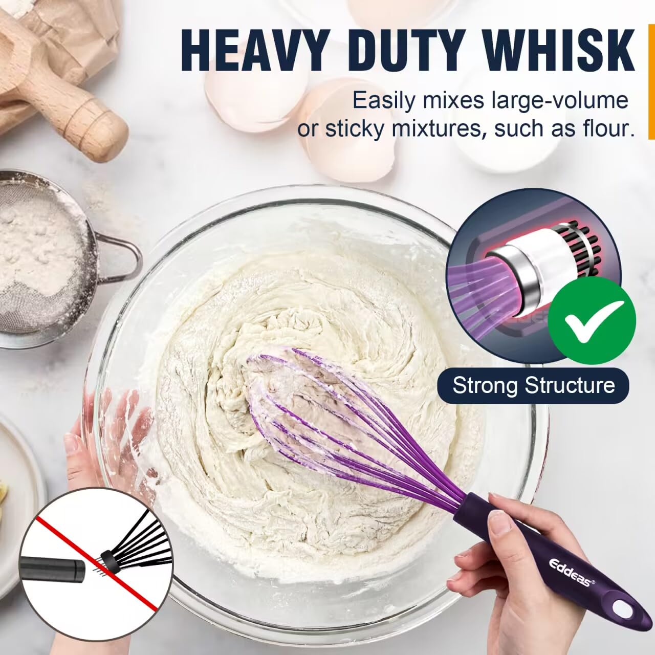 Silicone Whisk, Eddeas Non Scratch Coated Whisks For Cooking Baking Balloon Wisk, Kitchen Whisk Set Of 3 Size 7.5''+ 9'' +11''