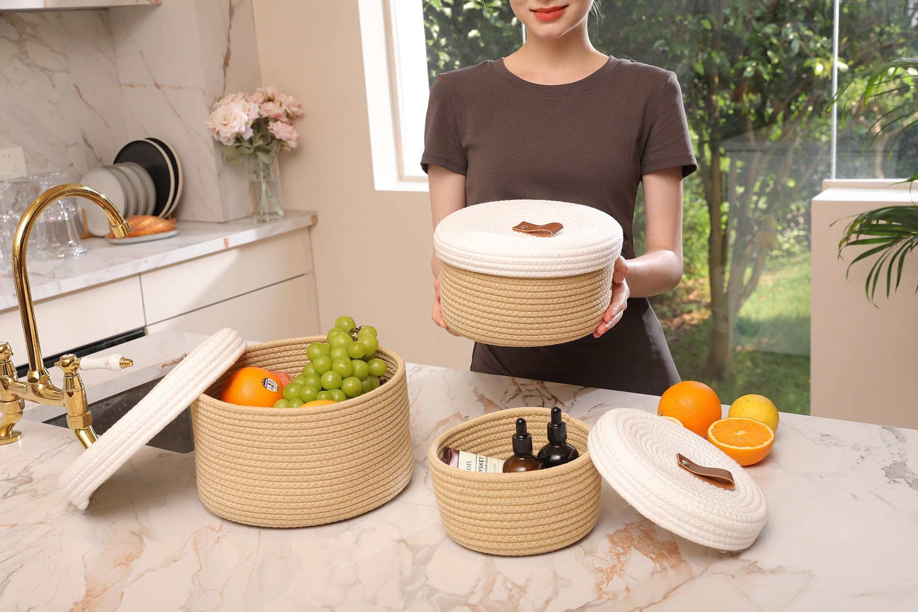 Cottonphant Set Of 3 Stylish Round Woven Baskets With Lids - Elegant Storage Solution For Home Decor And Organization - Compact