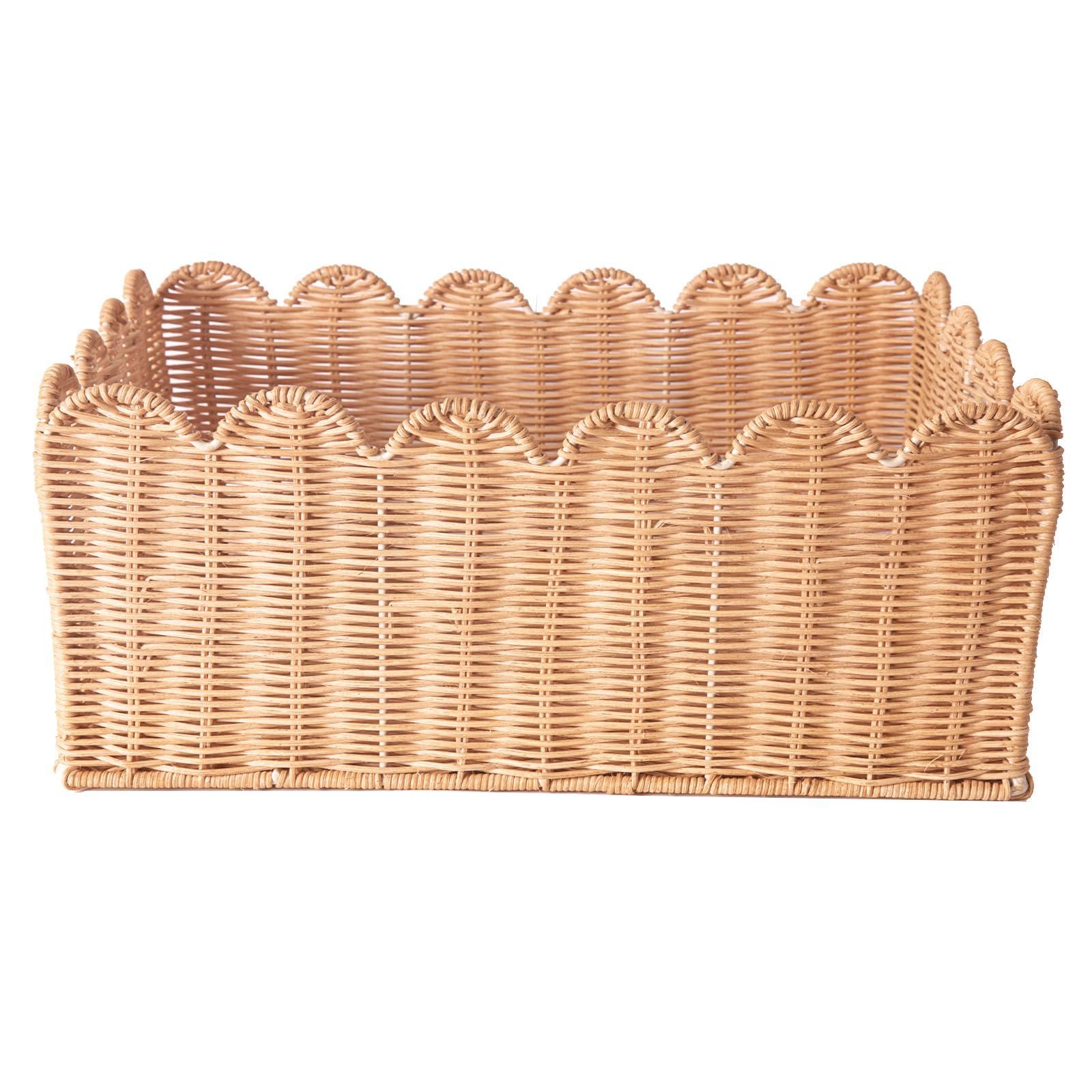 Scalloped Edge Basket, Wicker Storage Baskets, Hand Woven Baskets For Shelves,Natural Baskets For Organizing (S+M-Rattan)