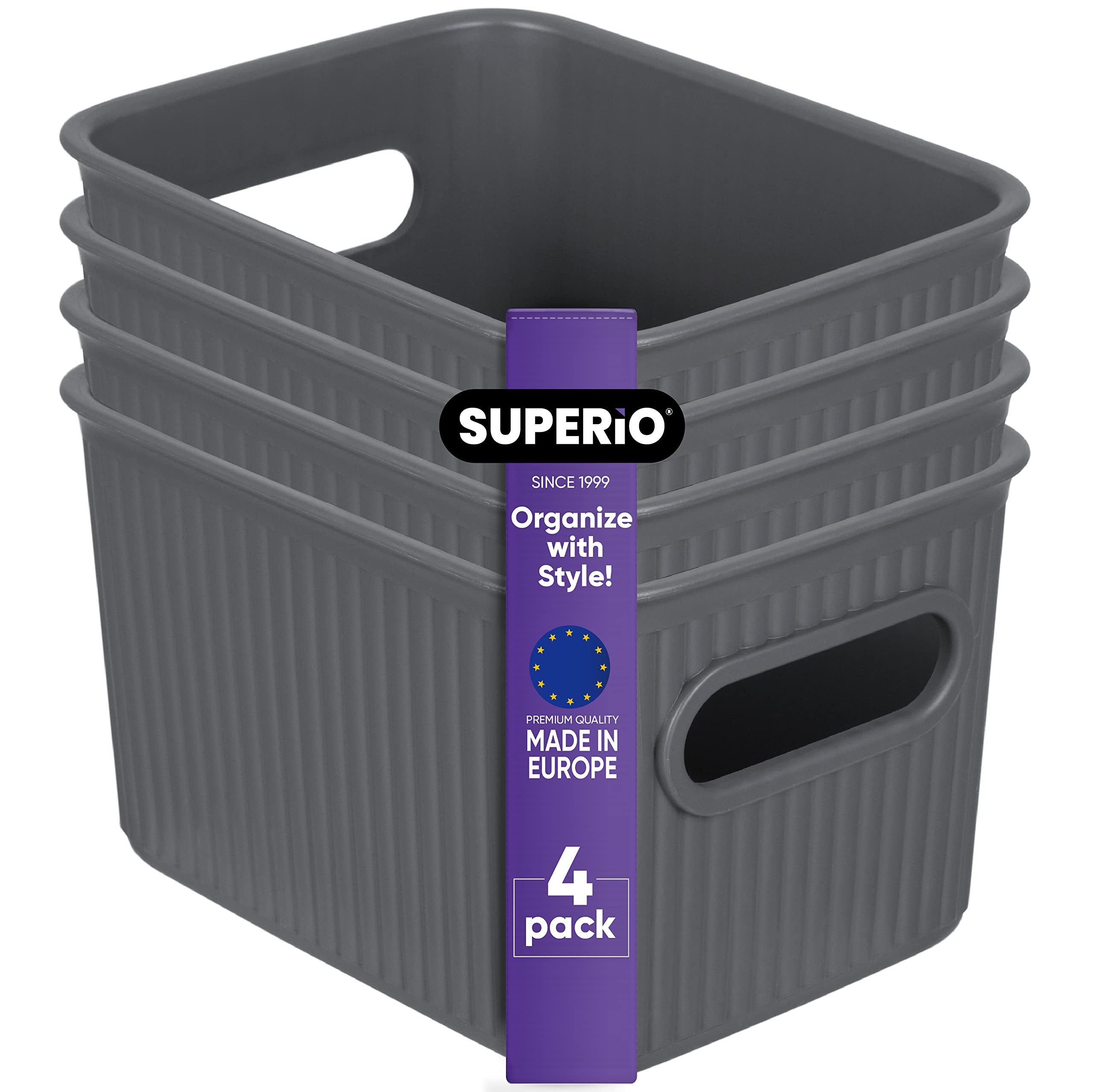 Superio Ribbed Collection - Decorative Plastic Open Home Storage Bins Organizer Baskets, Small Grey (4 Pack) Container Boxes For