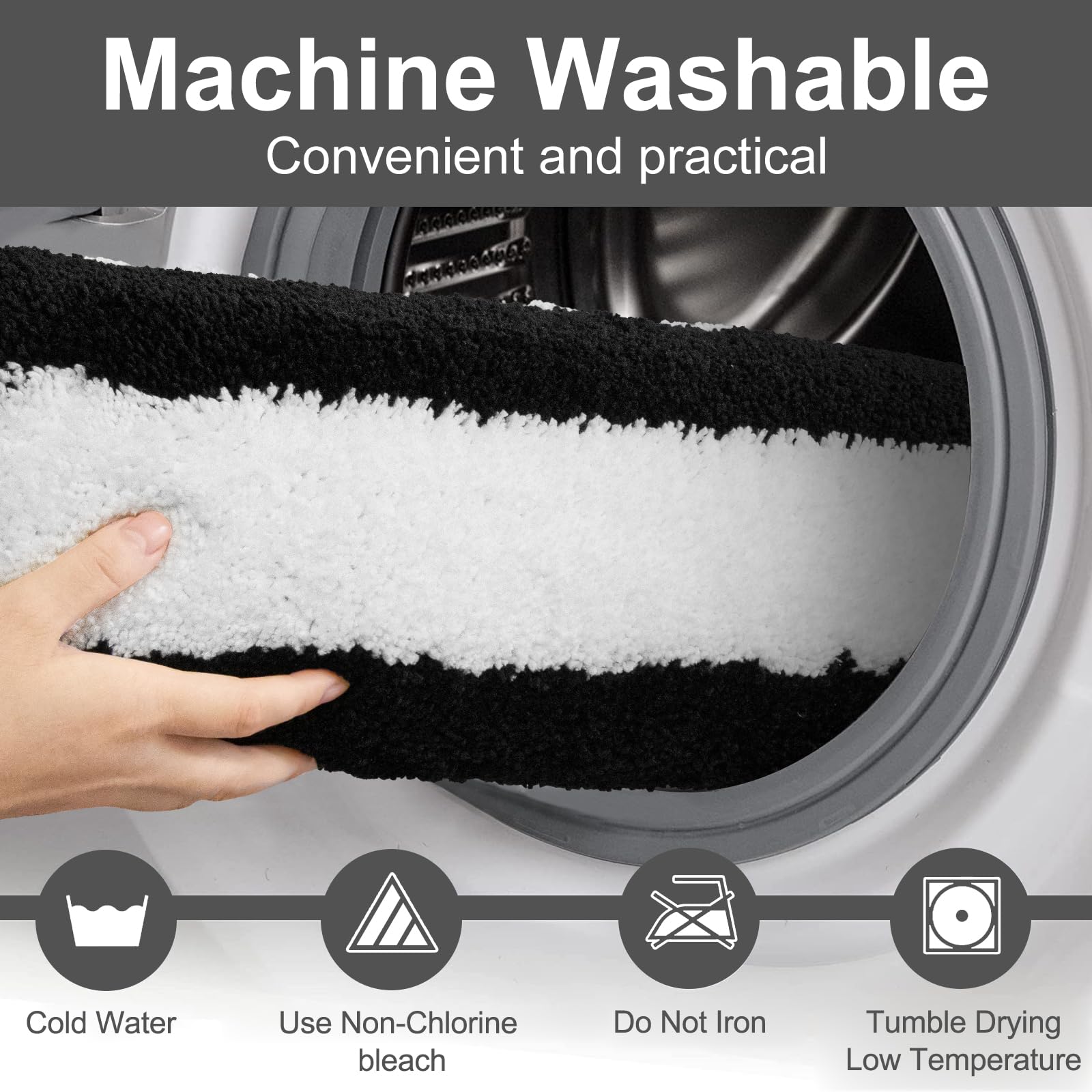 Sivilife Black And White Striped Bath Mat, Plush Water Absorbent Bathroom Rugs Non-Slip Machine Washable Quick Dry Bathroom Mat