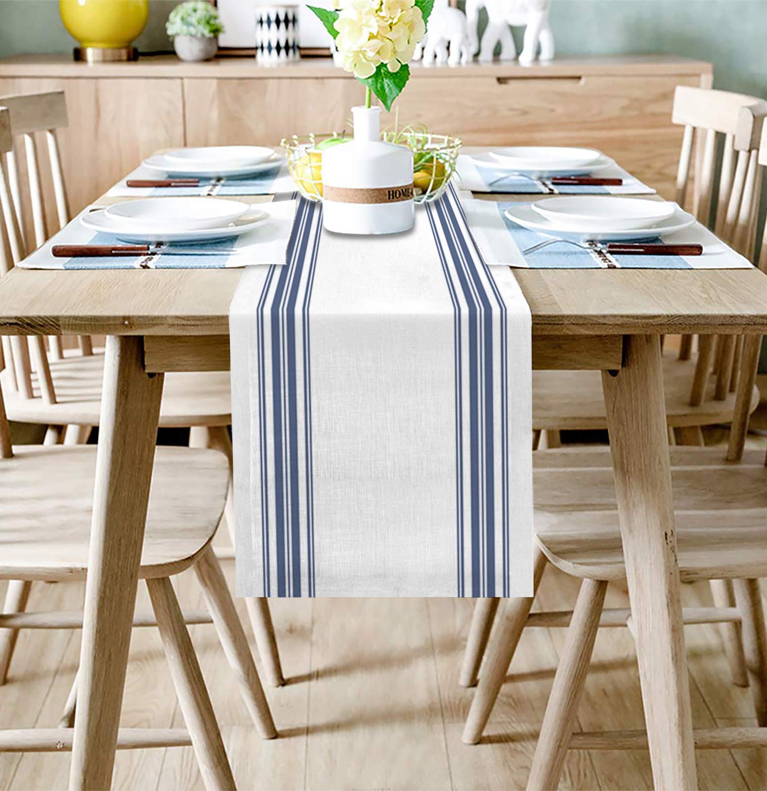 Cotton Linen Table Runner 120Inches Long, Blue White Stripes, Burlap Table Cloth Dresser Scarves For Farmhouse Dining Room/Holid