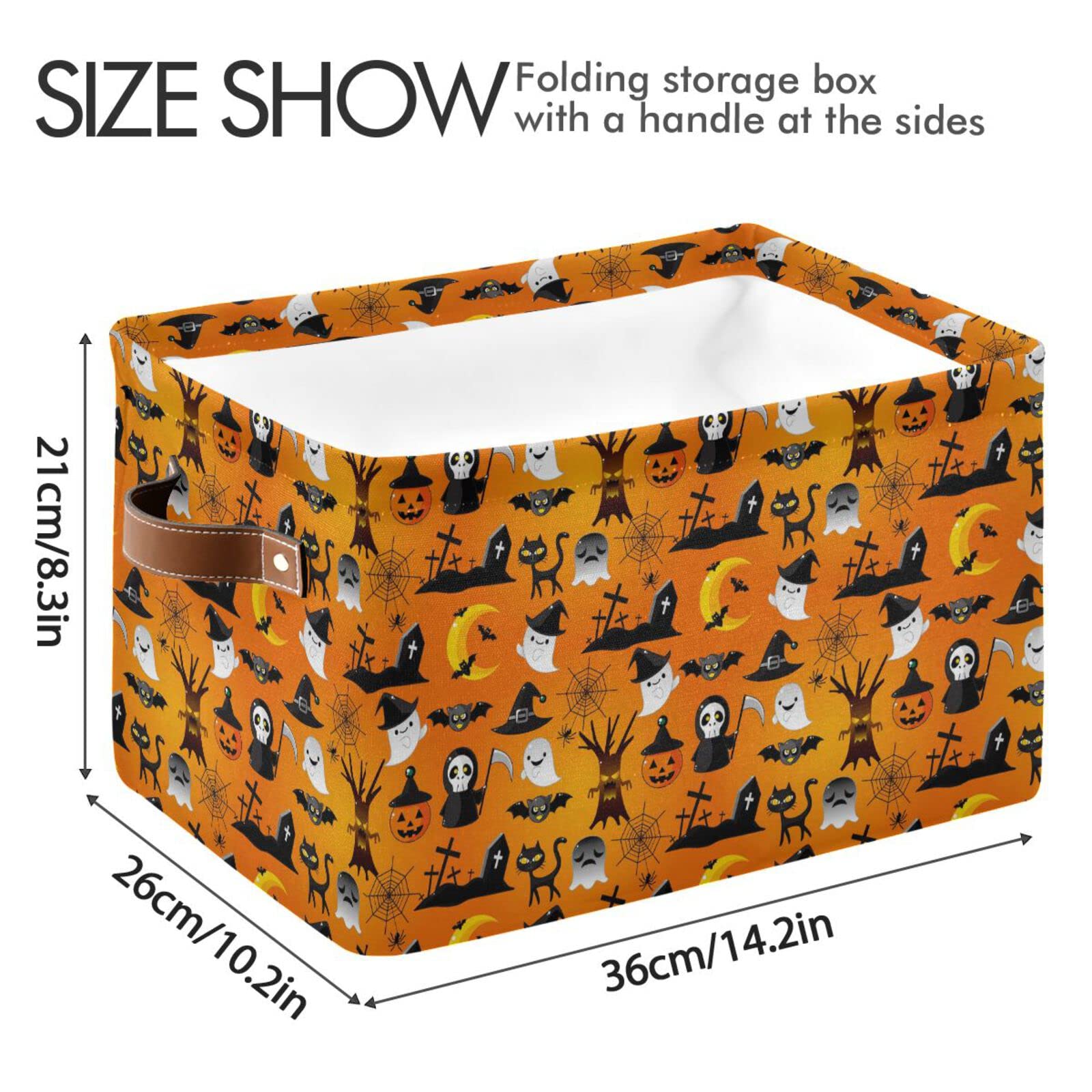 Alaza Cartoon Halloween Skull Cat Yellow Foldable Storage Box Storage Basket Organizer Bins With Handles For Shelf Closet Living