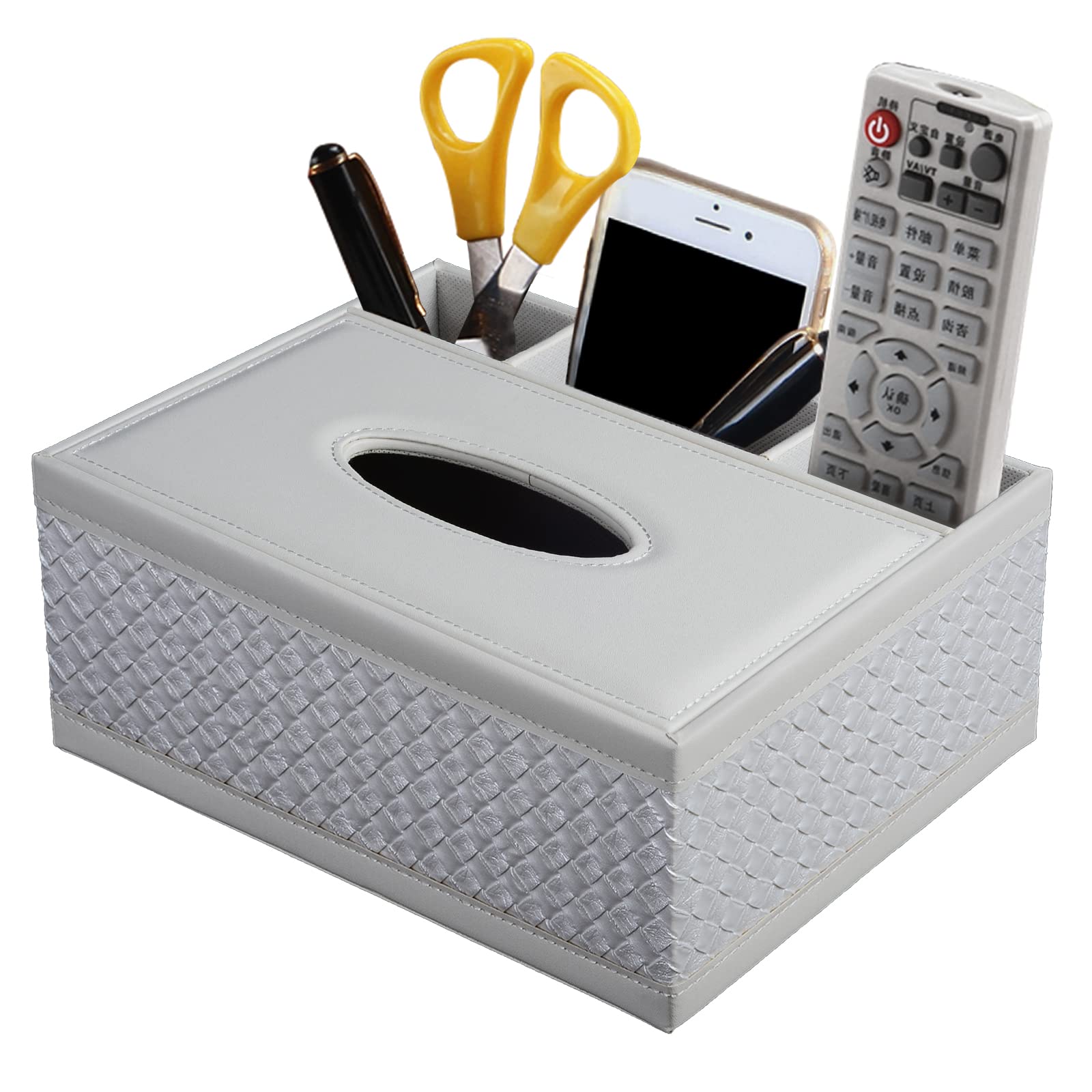 Xnone Tissue Box Cover Rectangle White Kleenex Box Holder Pu Leather Facial Tissue Organizer,Multifunctional Remote Control Stat