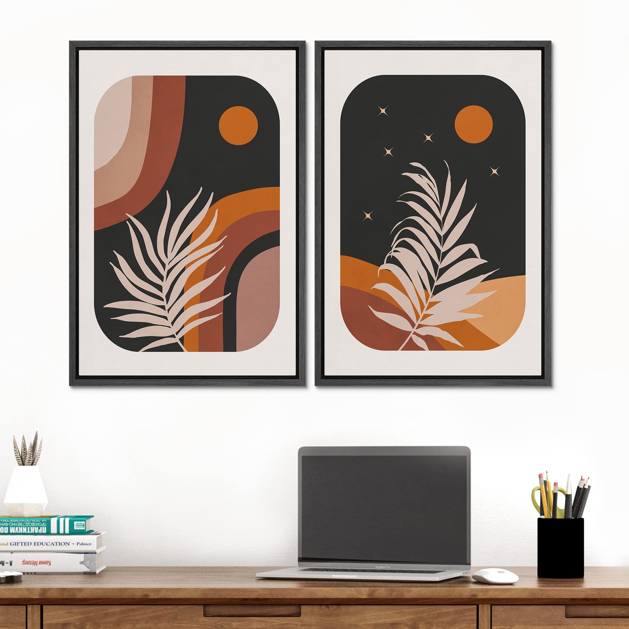 Signford Framed Canvas Print Wall Art Set Retro Mid-Century Palm Leaf Landscapes Abstract Shapes Illustrations Modern Art Decora
