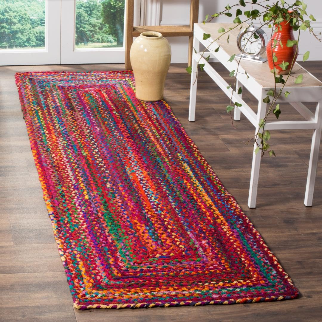 SAFAVIEH Braided Collection 23 x 17 Red / Multi BRD210A Handmade Boho Reversible Cotton Area Rug