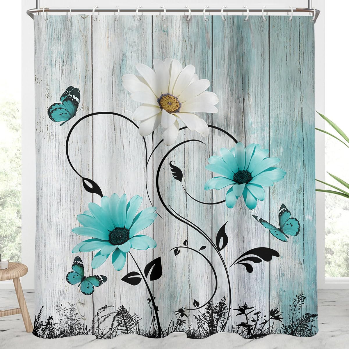 Aatter Teal Aqua Turquoise Shower Curtain Butterfly Daisy Rustic Blue Floral Flower Farmhouse Wood White Country Vintage Farm An