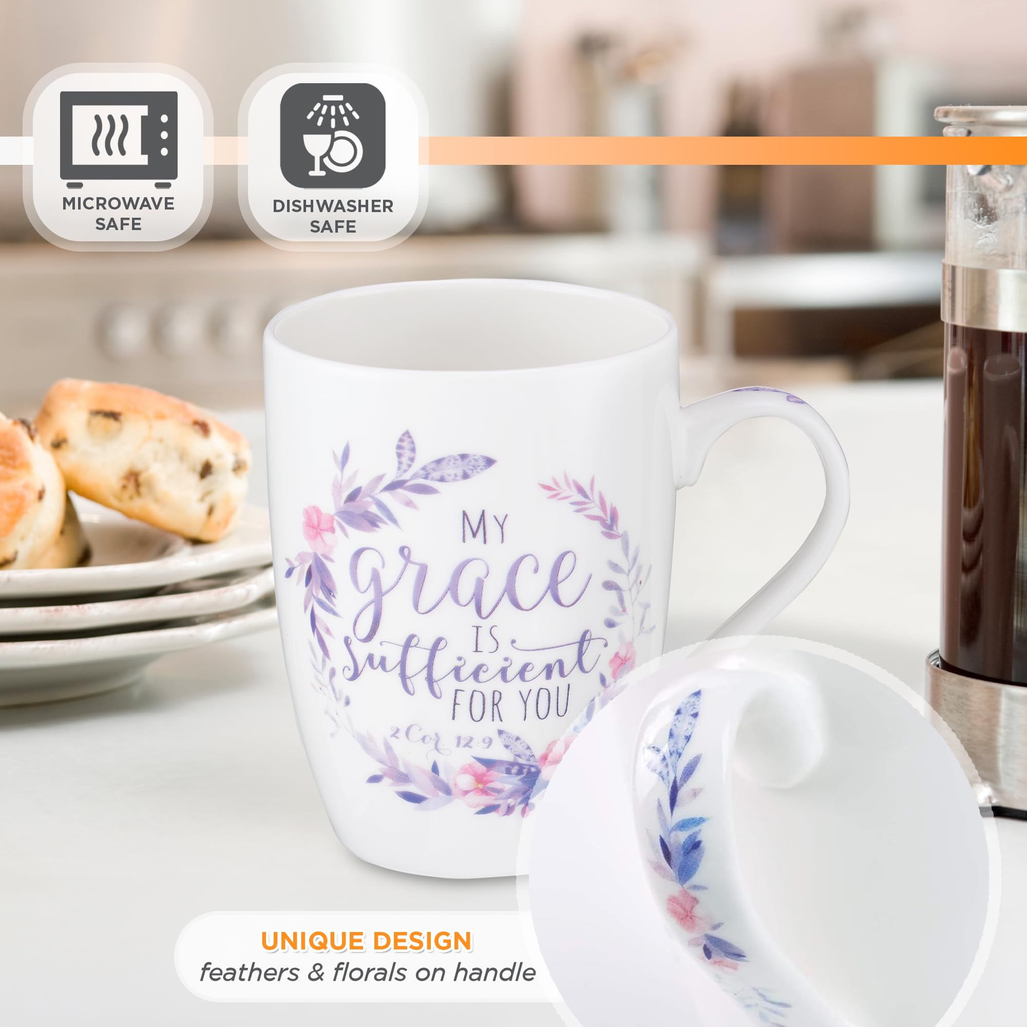 Christian Art Gifts Encouraging Ceramic Coffee & Tea Scripture Mug for Women: My Grace Is Sufficient Inspirational Bible Verse,