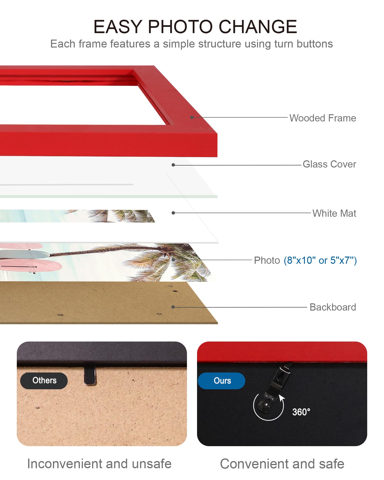 Hongkee 8x10 Picture Frame (4 Pack, Red) Made of Real Glass and Wooden Frame - Display Pictures 5x7 with Mat or 8x10 Without Mat