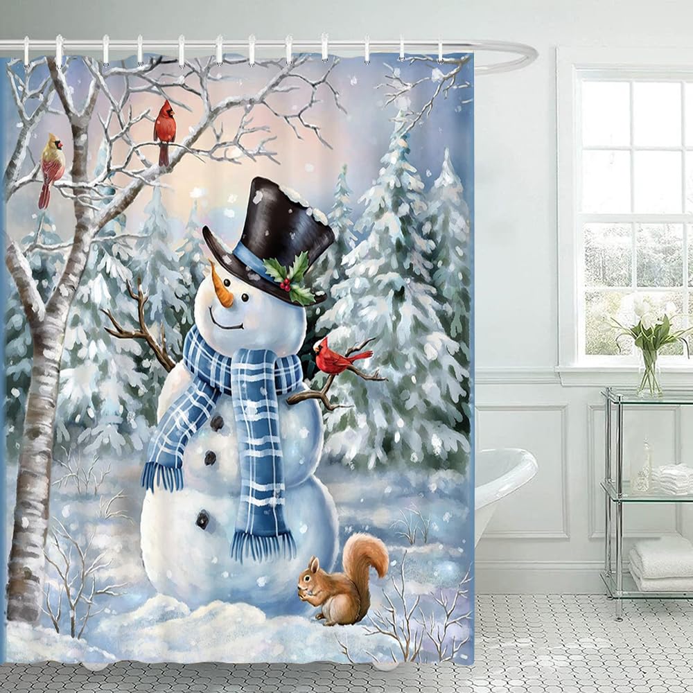 Lofaris Winter Snowman and Cardinals Shower Curtain Christmas Wonderland Trees Holiday Bathroom Curtain for Decor Waterproof Fab