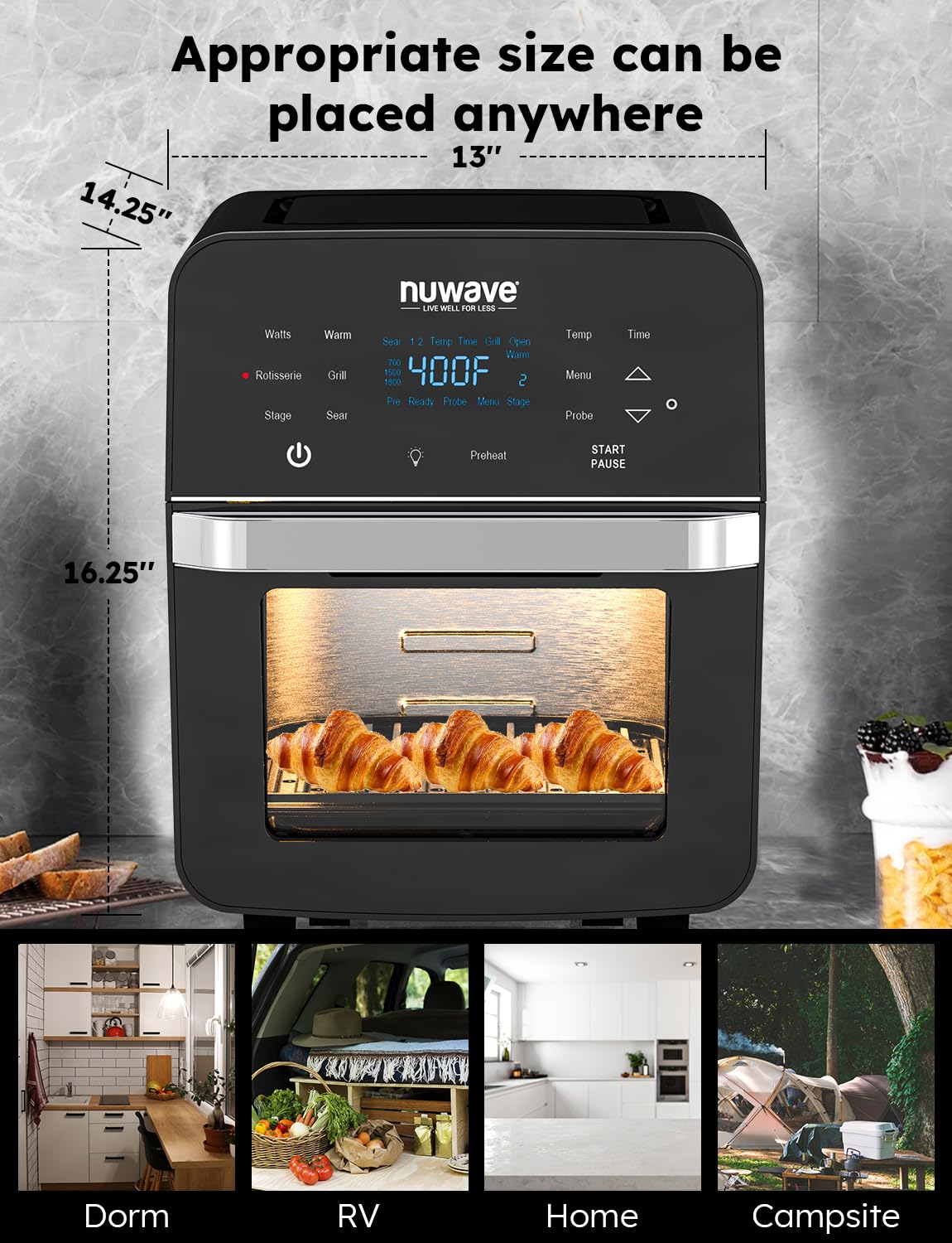 Nuwave Brio Air Fryer Oven, 15.5Qt, X-Large, Stainless Steel, Black, with Rotisserie Basket, Smart Thermometer, Non-Stick Grill Plate
