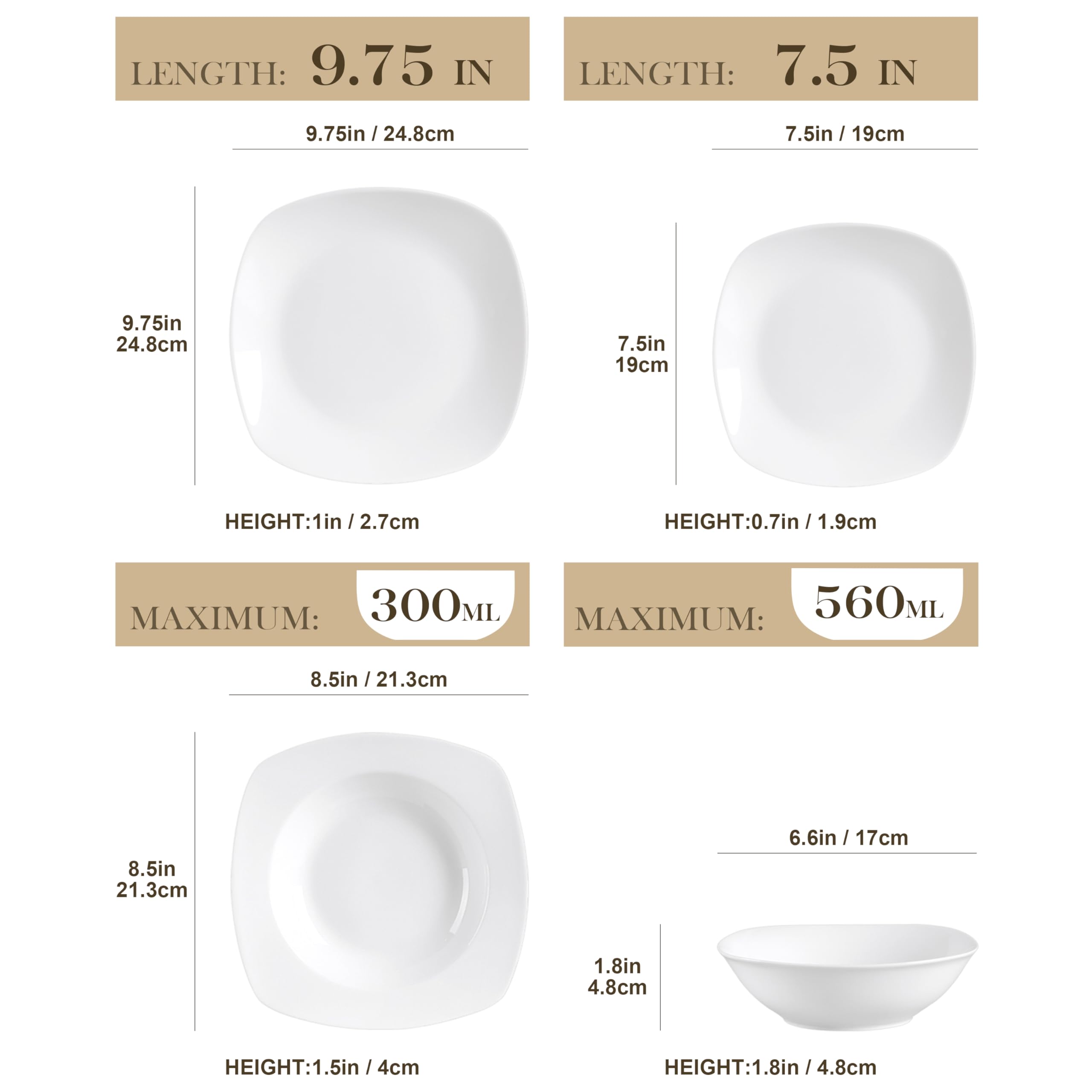 MALACASA Dinnerware Sets, 24-Piece Porcelain Square Dishes, Grey White Ceramic Dish Set for 6, Chip and Scratch Resistant Plates