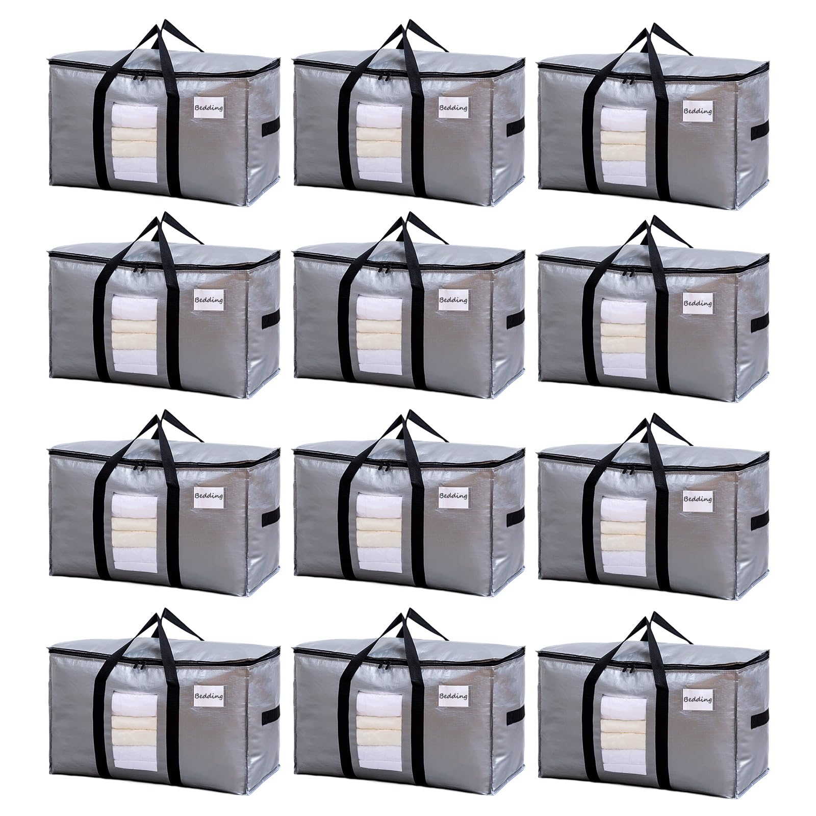 TAILI Extra Large Moving Bags, 12 Pack Silver Heavy Duty Totes for Storage with Visible Window, Wrap Around Handles, Storage Bag
