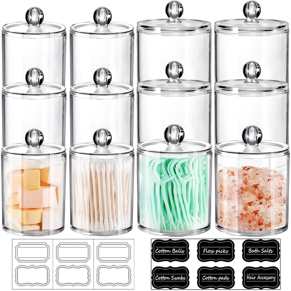 12 Pack Qtip Dispenser Apothecary Jars Bathroom Set With Labels - Sheechungclear Plastic Qtip Holder Storage Set For Cotton Ball