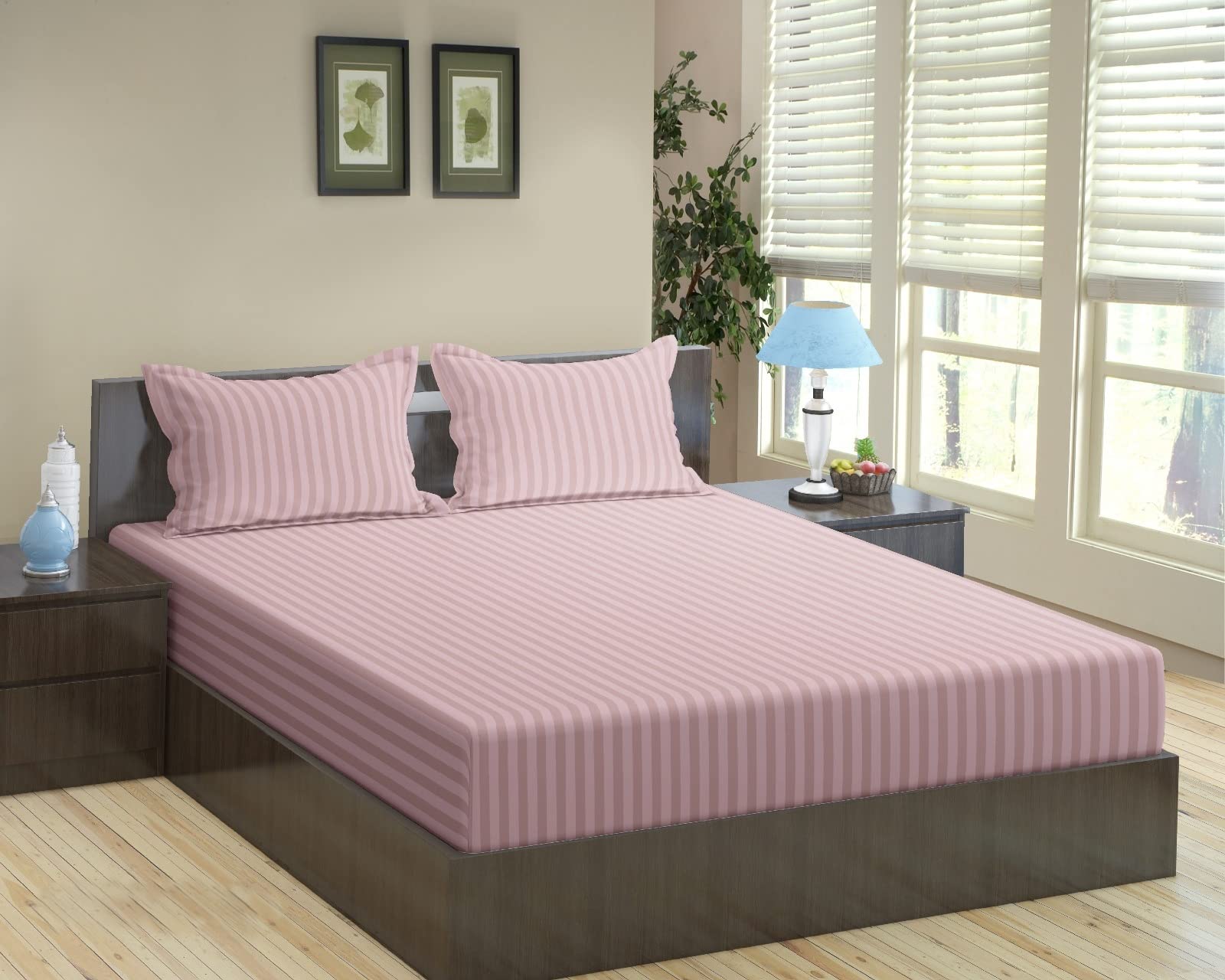 Trance Home Linen 100% Cotton 72X30 Inch Single Fitted 200Tc Satin Stripe Elastic Fitted Bedsheet | Single Bed Size Daily Use Fi