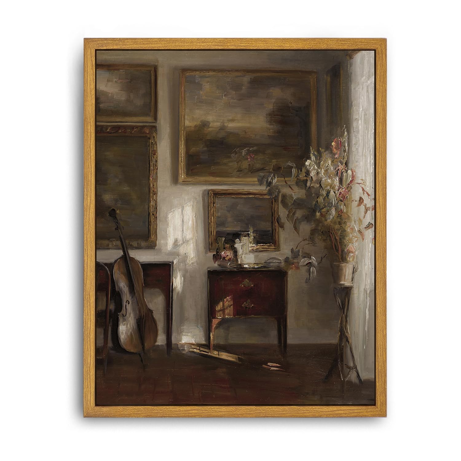 Roslynity Framed Canvas Wall Art Vintage Print Oil Paintings Moody Still Life Interior With Cello Sunshine Neutral Retro Aesthet