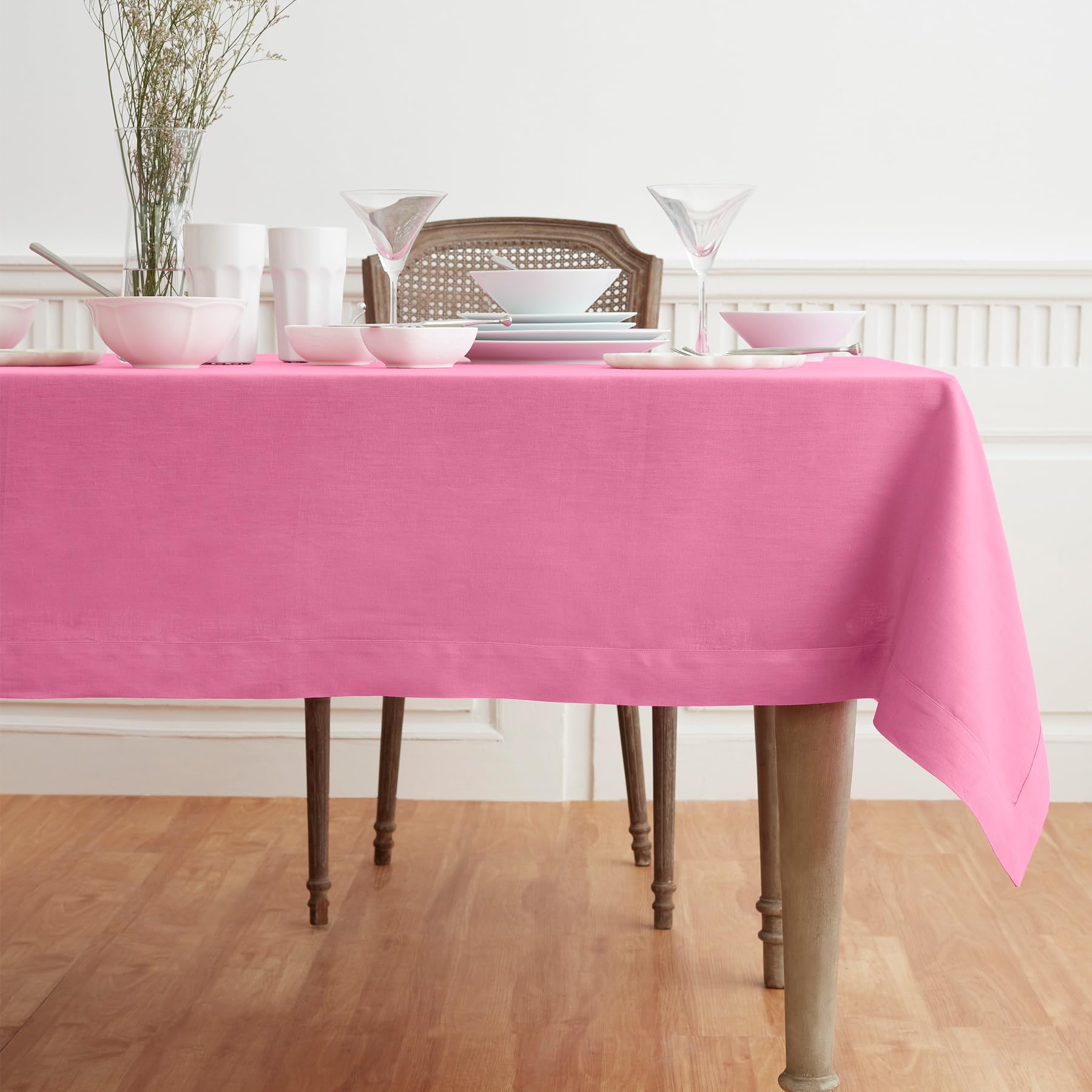 Solino Home Flamingo Pink Linen Tablecloth 90'' L X 60'' W Inch - Fete, 100% Pure Linen Table Cloth For Rectangle Tables - Machi