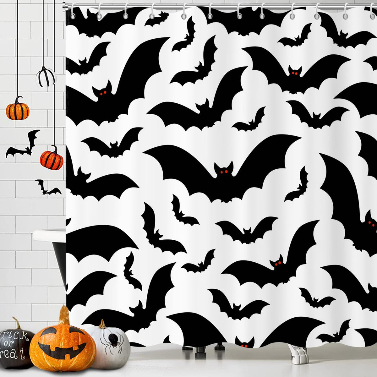 Gcirec Halloween Shower Curtain, Halloween Theme Black And White Bat Bathroom Curtain Halloween Party Decor Waterproof Fabric Ma
