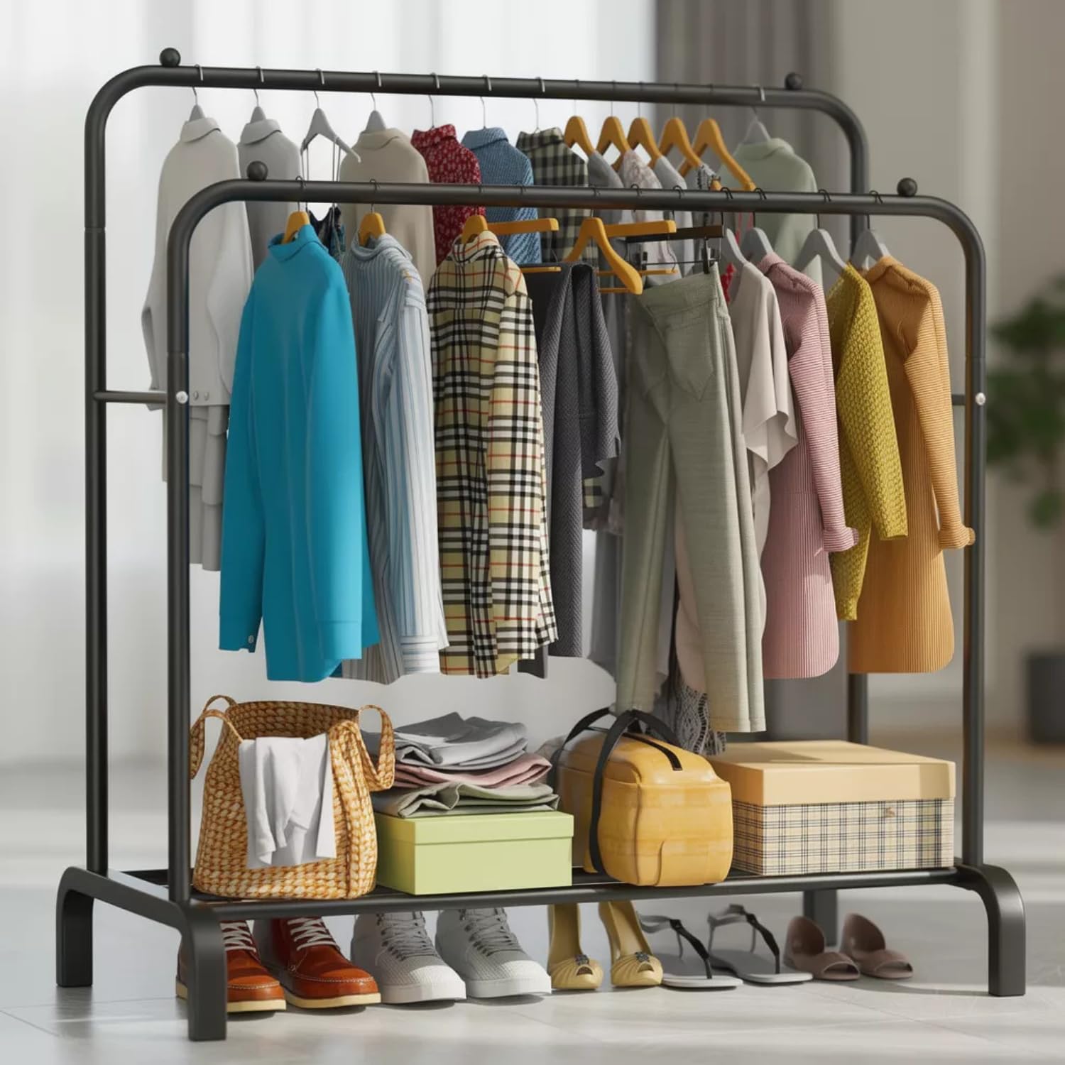 Krishyam HeavyDuty Metal Garment Rack With Double Hanging Rod & Storage Shelf, MultiPurpose Clothes Organizer Stand For Bedroo