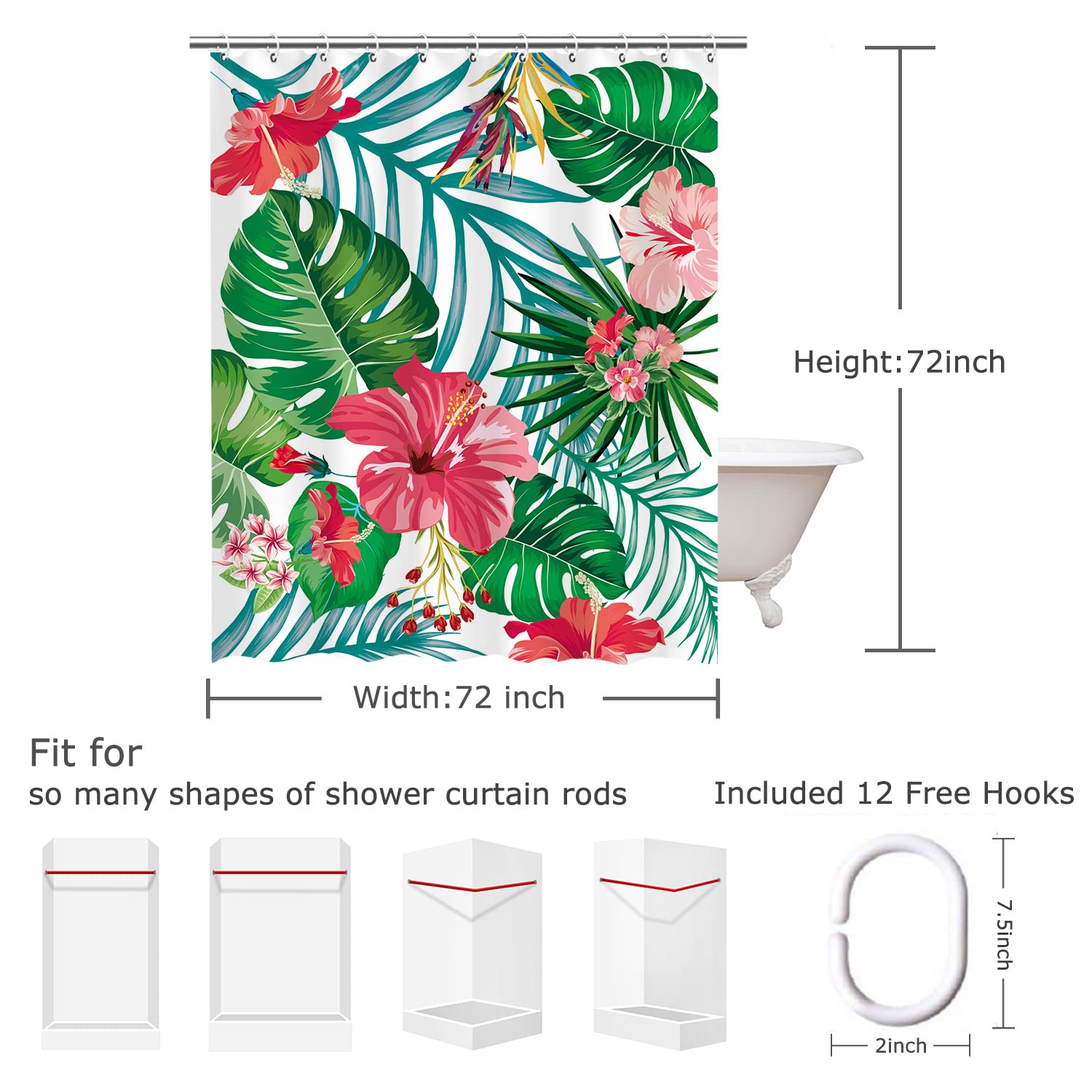 Livilan Floral Shower Curtain, Green Shower Curtain, Tropical Shower Curtains For Bathroom, Flower Shower Curtain, Botanical Sho