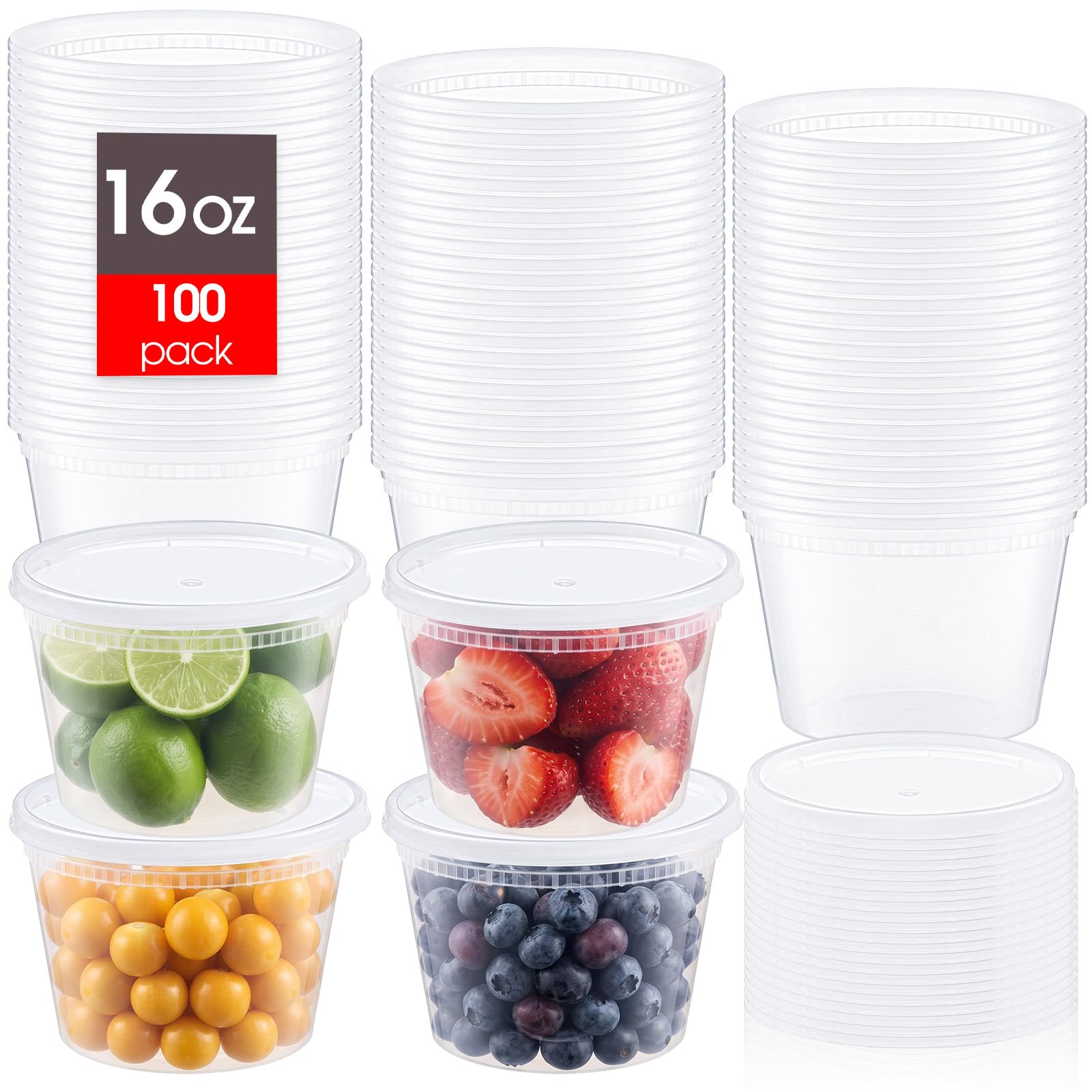 100 Sets 16 oz Plastic Deli Food Containers with Lids Bulk, Clear Airtight Disposable Food Storage Containers, Microwave, Freeze