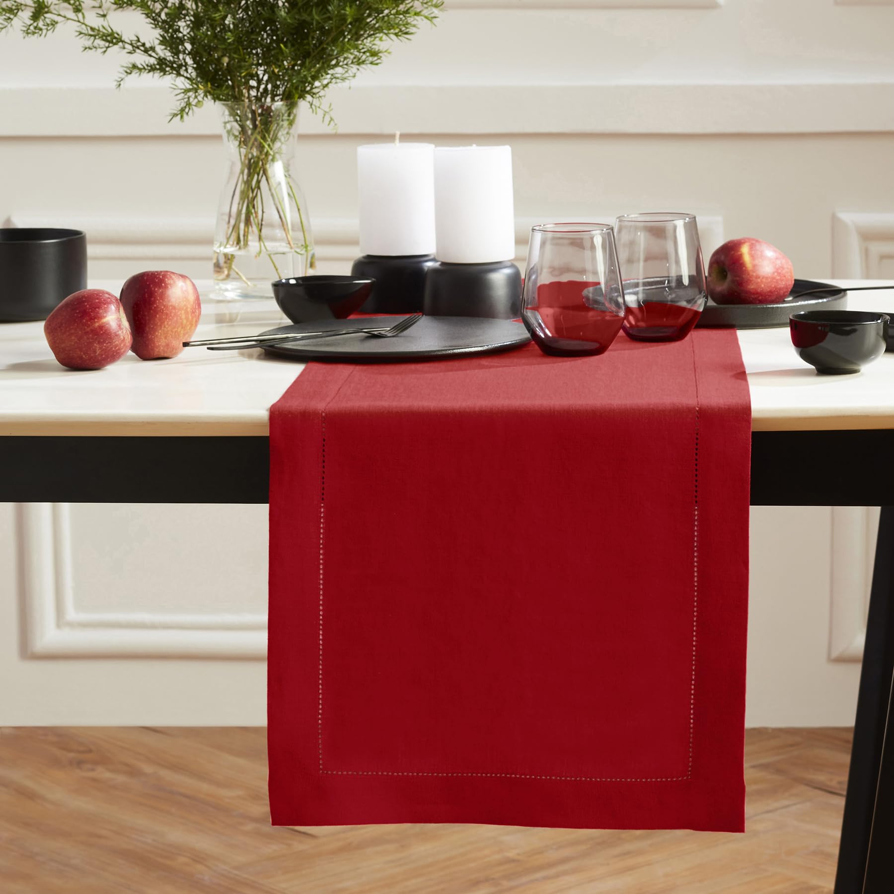 Solino Home Linen Red Table Runner 36 Inch - 100% Pure Linen Hemstitch Short Table Runner 14 X 36 Inch Ideal For Dresser And Cof