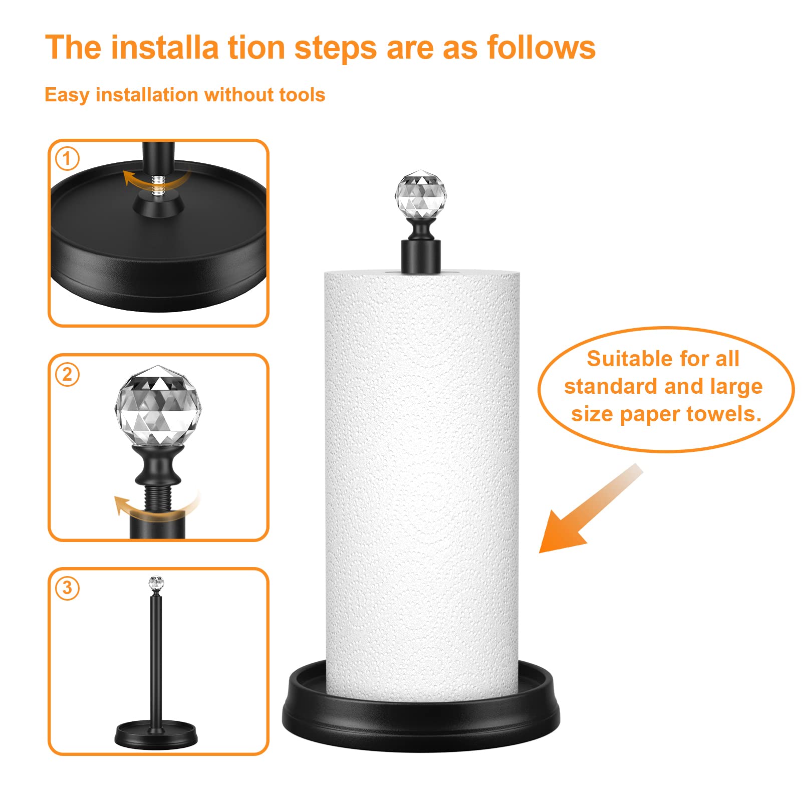 Kasunto Paper Towel Holder (With Crystal Head) Steel Paper Towel Holder Countertop,Black Paper Towel Holder For Kitchen Countert