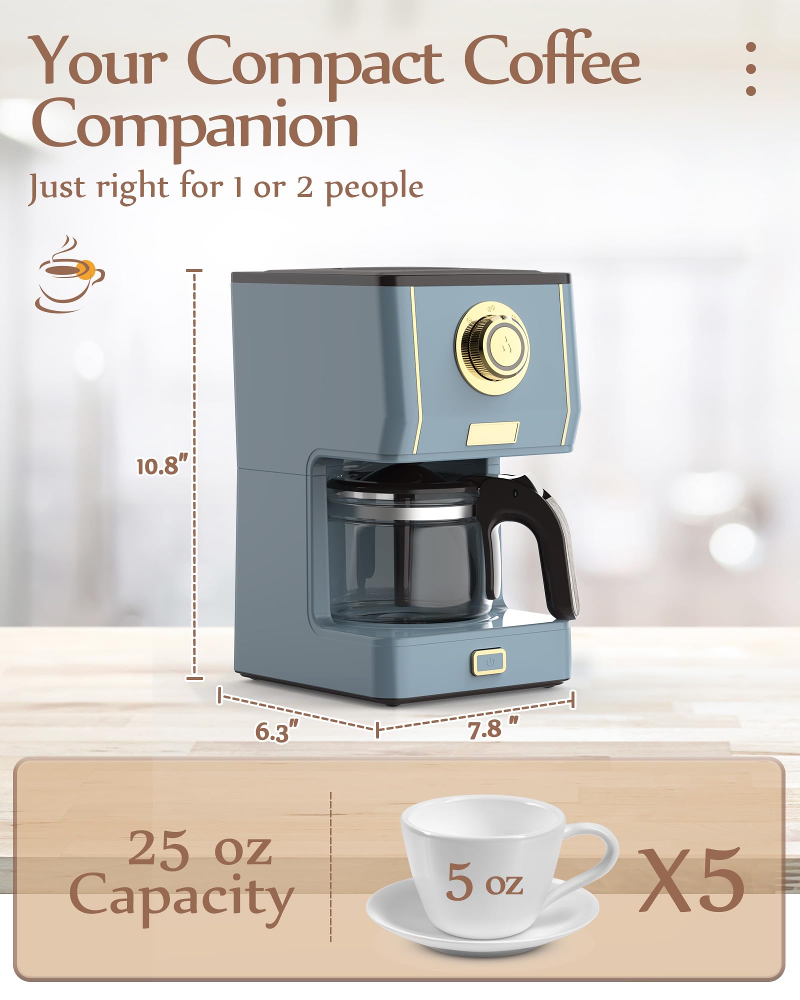 Amaste Coffee Maker, 5 Cup Coffee Pot With Three Brewing Modes, Retro Coffee Maker With Glass Carafe & Reusable Coffee Filter, D