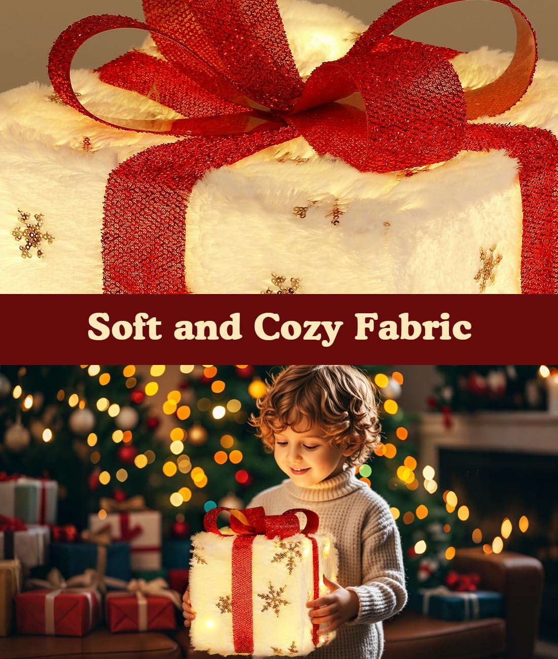 Christmas Lighted Gift Boxes, 3 PCS Large Outdoor Indoor Christmas Decorations with Remote Control, USB Plug in Under Christmas