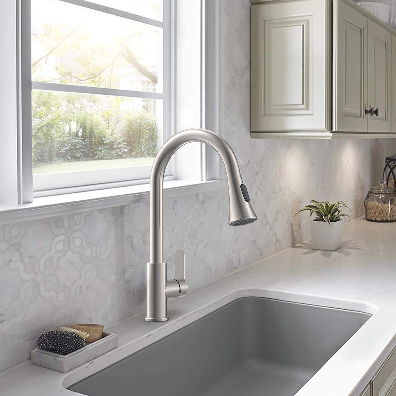 AMAZING FORCE Kitchen Faucet with Pull Down Sprayer 2 Modes Stainless Steel Kitchen Sink Faucet Single Handle Faucet for Kitchen Sink RV Kitchen Faucet Laundry Sink Faucet with 1.8GPM  Brushed Nickel