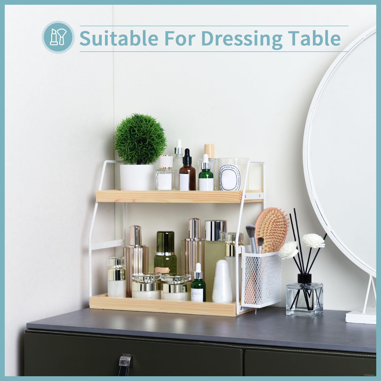 Uneviesyka Bathroom Counter Organizer, 2-Tier Standing Storage Shelf With Basket, Wood Tray For Skincare Vanity Organizer(White)