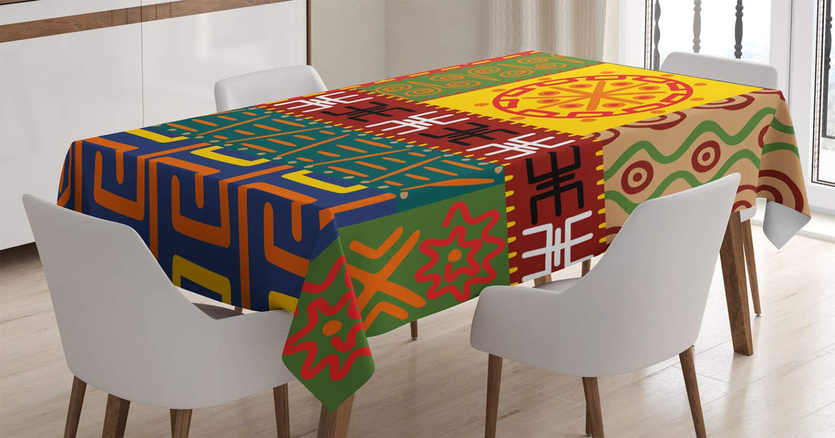 Ambesonne Prehistoric Tablecloth, Abstract Patterns Ornaments Indigenous Style Illustration, Rectangular Table Cover For Dining