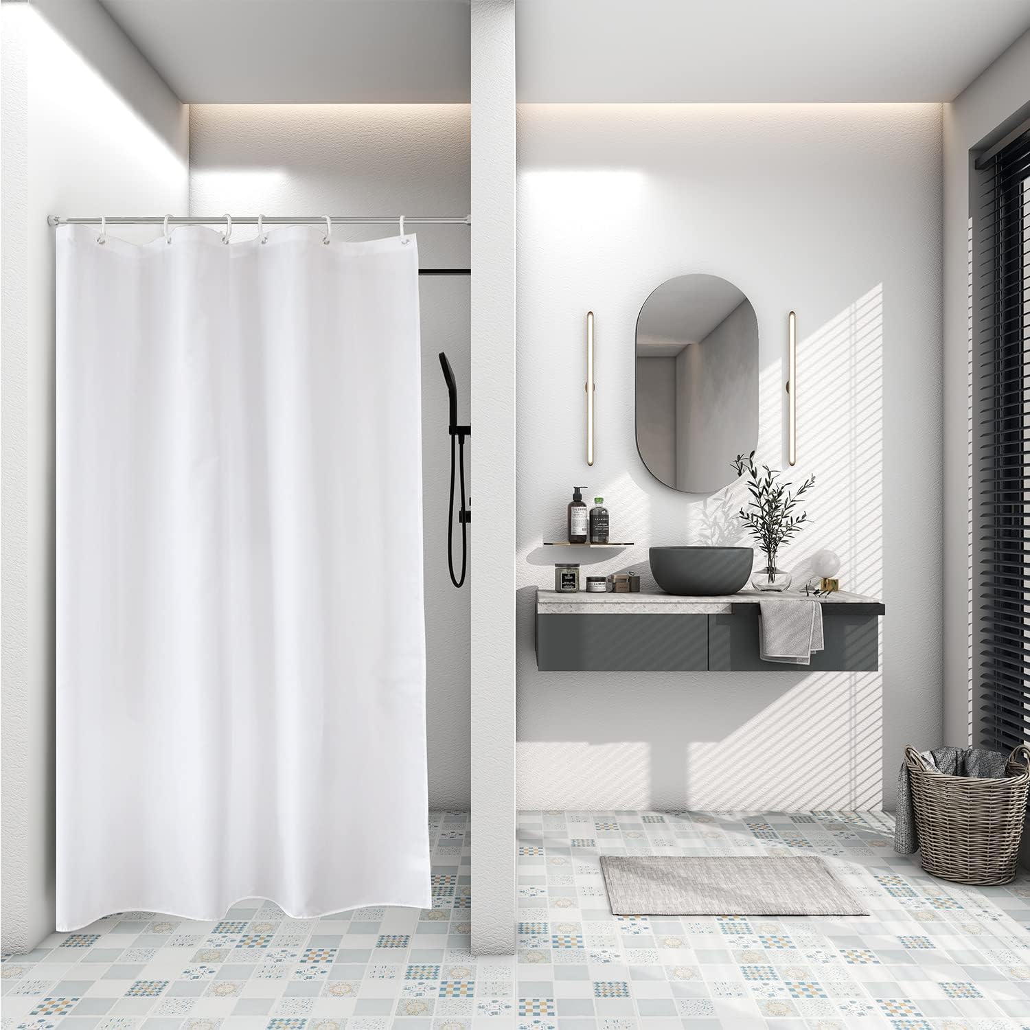 Aoohome White Stall Size Bathroom Curtain For Hotel, Fabric Shower Liner With Hooks For Hotel, Waterproof, 54 Width X 72 Height