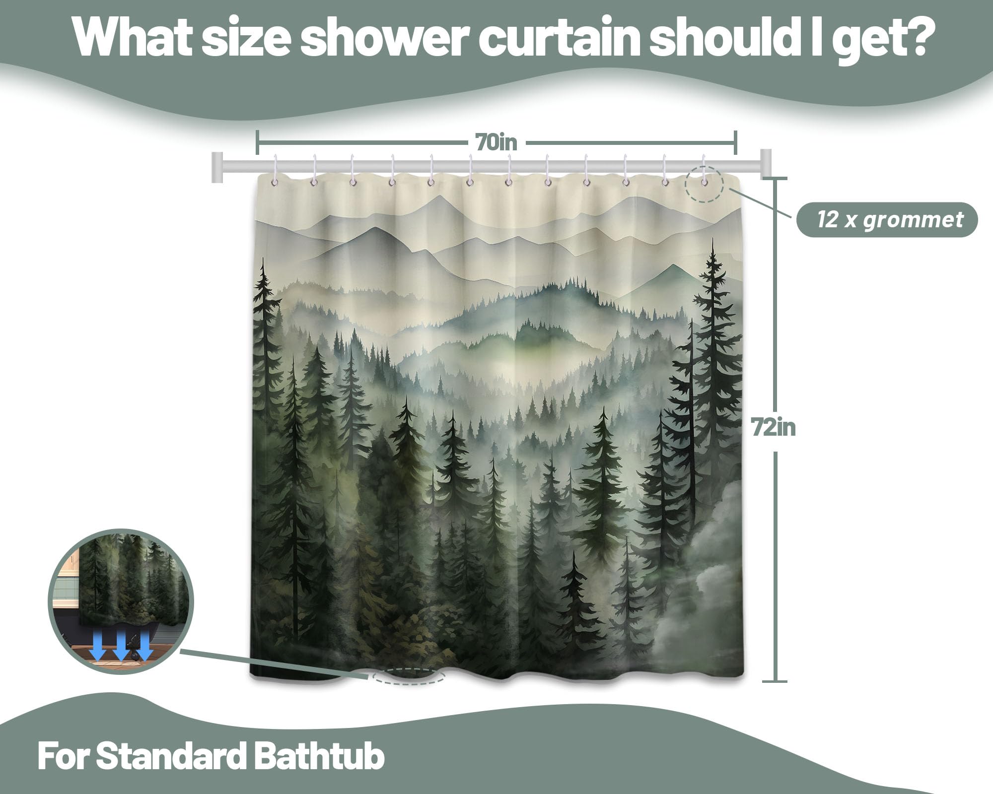 Qghot Mountain Shower Curtain Forest, Nature Shower Curtains For Bathroom, Rustic Woodland Pine Tree Landscape Bathtub Curtain M