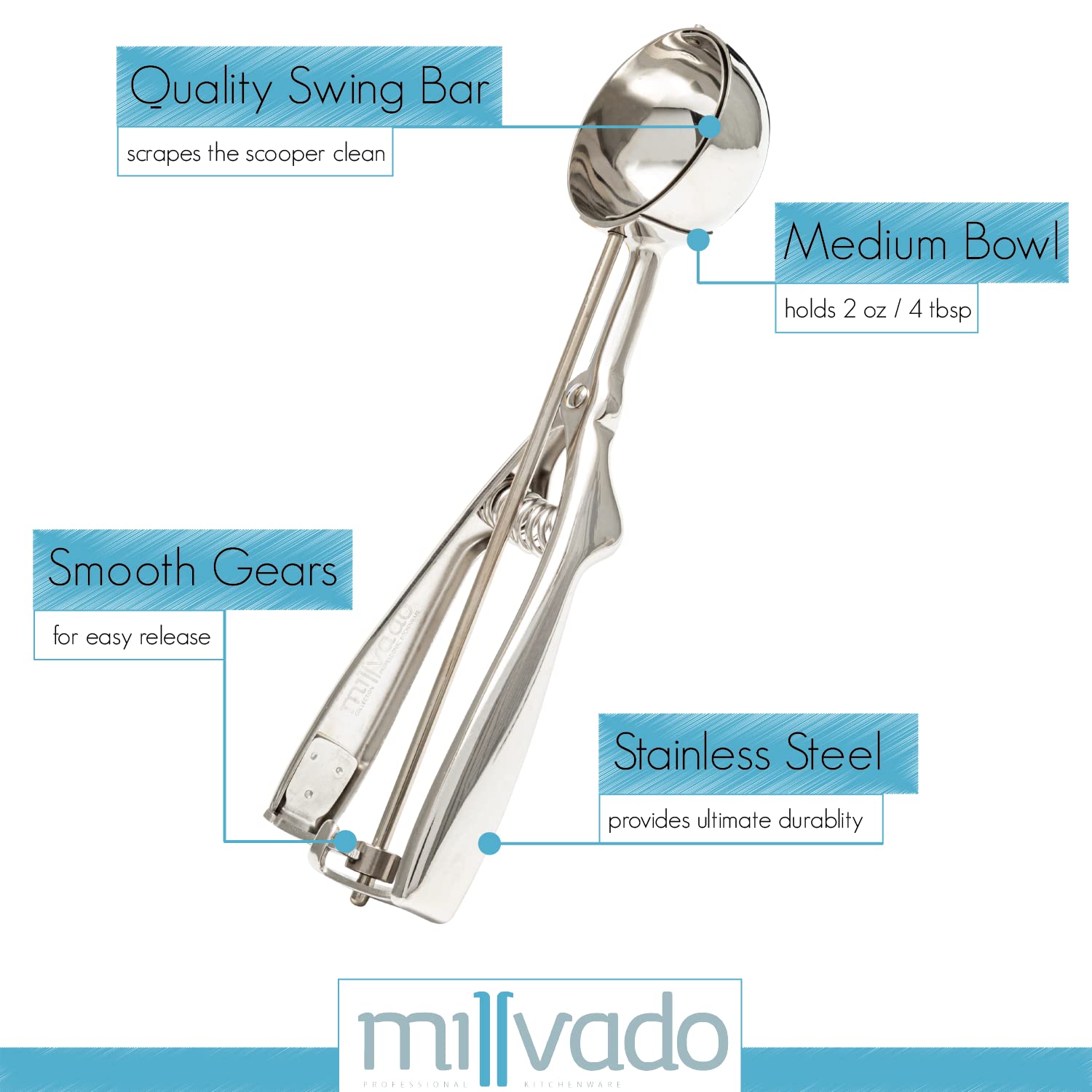 Millvado Stainless Steel Ice Cream And Cookie Scoop | Medium Sized, Spring Loaded Lever Design, For Sorbet, Melon, Meatballs, Mu