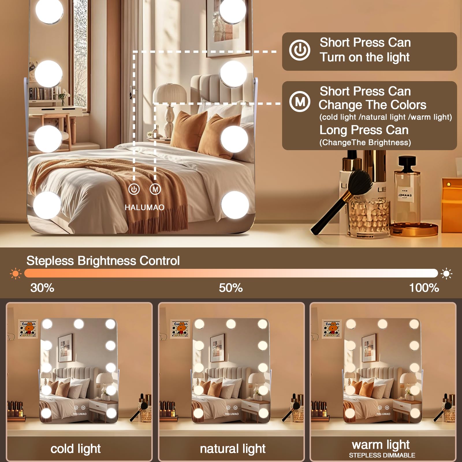13.9'' X 10.7'' Vanity/Makeup Mirror With Lights, Hollywood Lighted Vanity Mirror With 11 Dimmable Led Bulbs,3 Color Modes,Touch