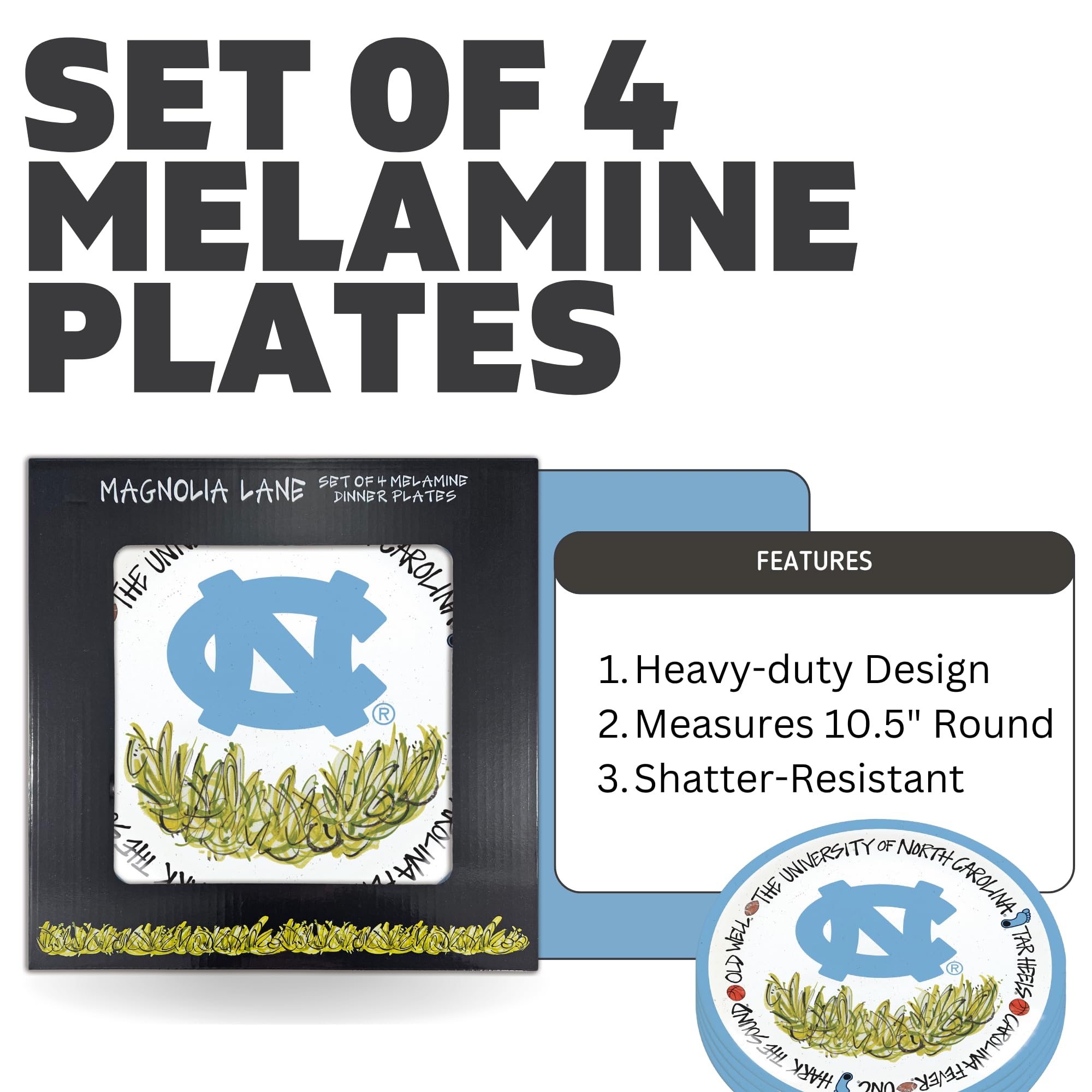 Magnolia Lane North Carolina Tar Heels 10.5-Inch Melamine Dinner Plate Set of 4 Perfect for Game Day, BBQs, Tailgating, Poolside
