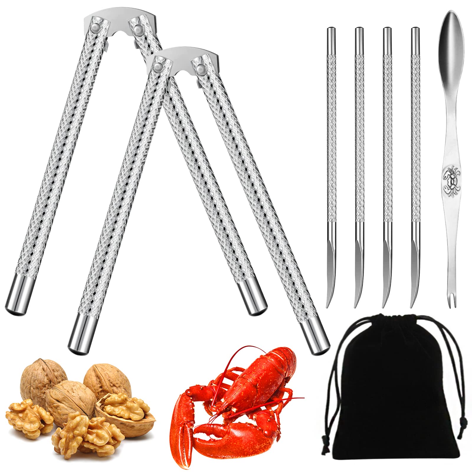 Artcome 8 Pcs Nutcracker Stainless Steel Nut Cracker Set - 2 Nut Cracker, 4 Picks, 1 Wide Crab Fork And 1 Storage Bag