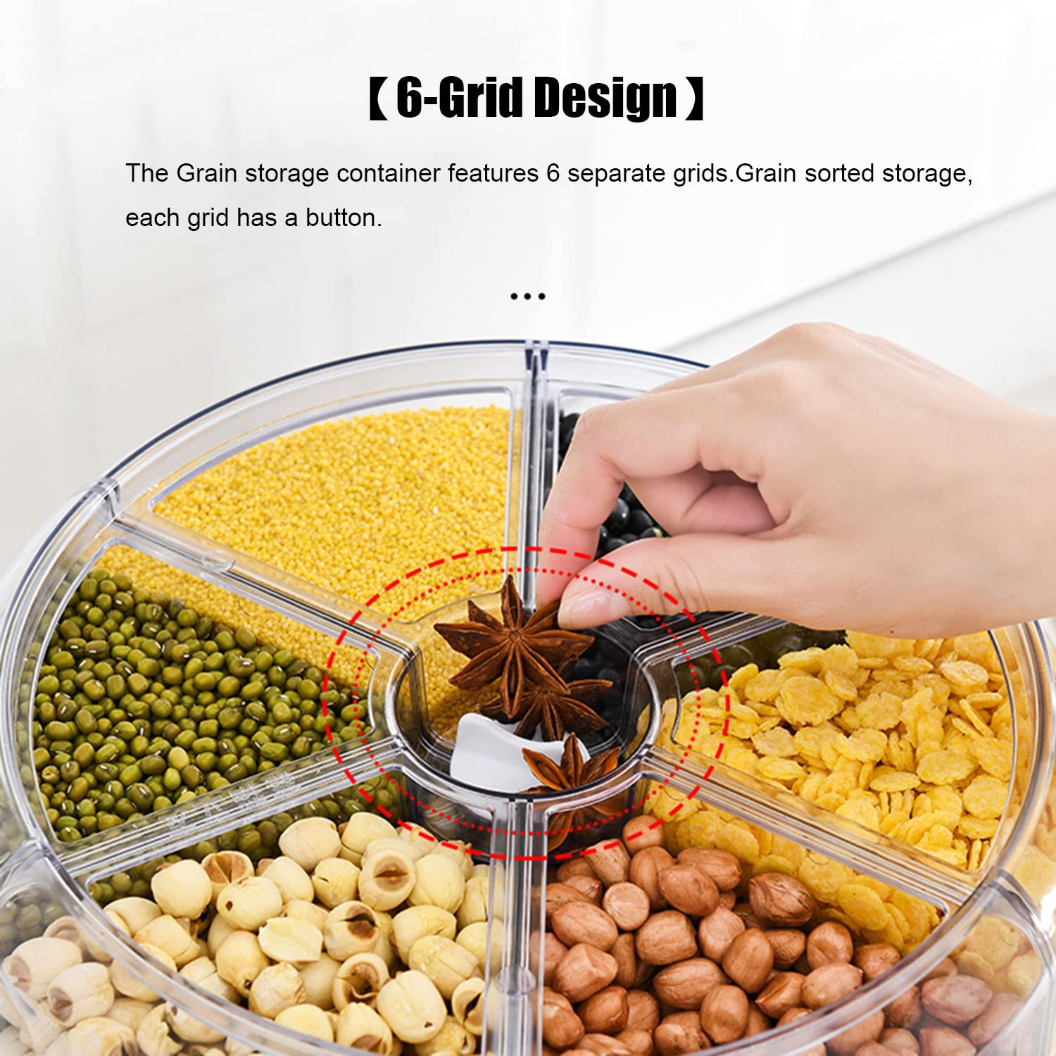 Xiyao 20Lbs Large Grain Dispenser 360Rotating Rice Food Dispenser 6 Grids Rice Container Rotatable Beans Containers Storage With