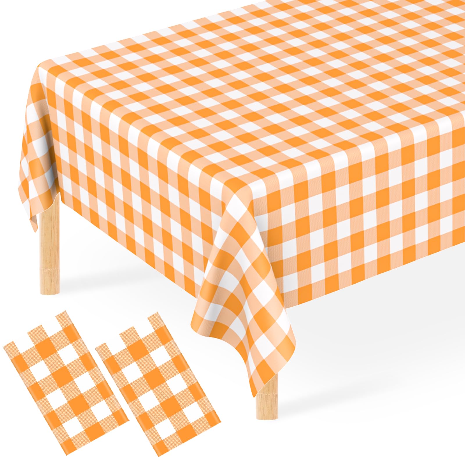 JCTHKUKU 2 Pcs Orange Gingham Tablecloth, 54 x 108 Inch Disposable Plastic Orange and White Checkered Table Covers for Picnic, B