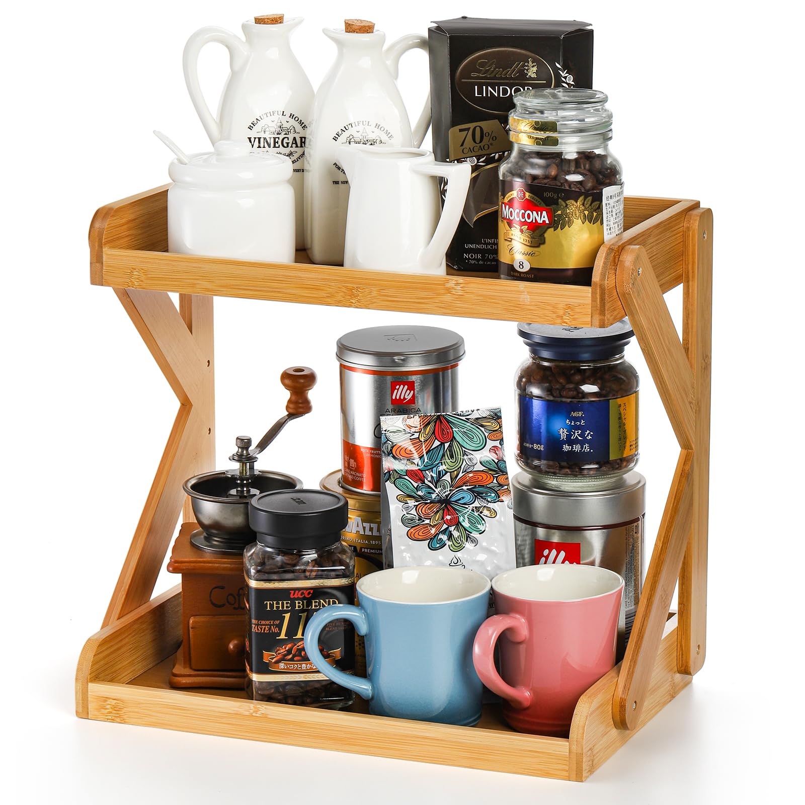 AVLA 2-Tier Coffee Station Organizer, Bamboo Kitchen Counter Shelf, Countertop Spice Condiment Rack Syrup Storage Holder, Tea St